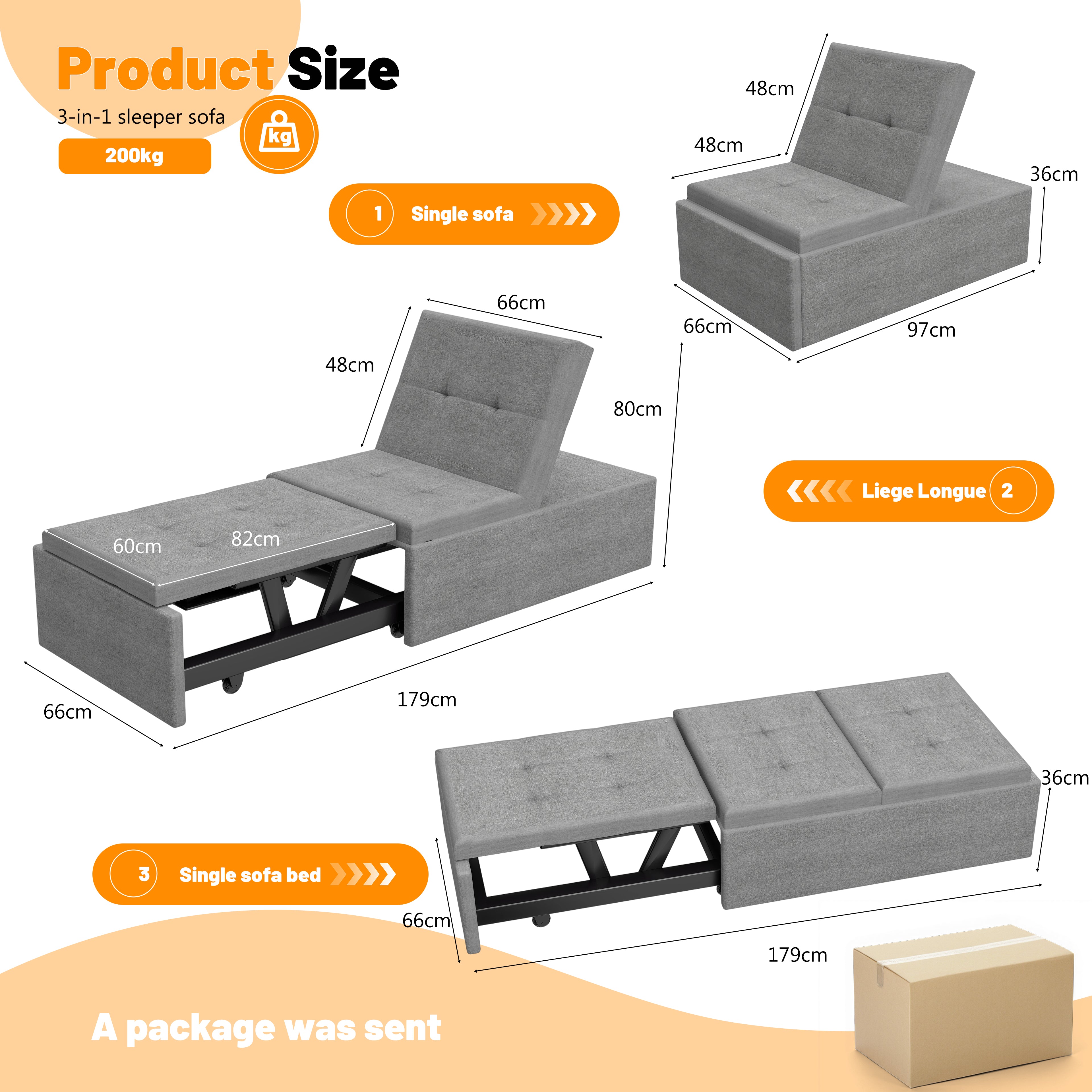 OYAJIA 3-in-1 Convertible Sofa Bed with Adjustable Backrest