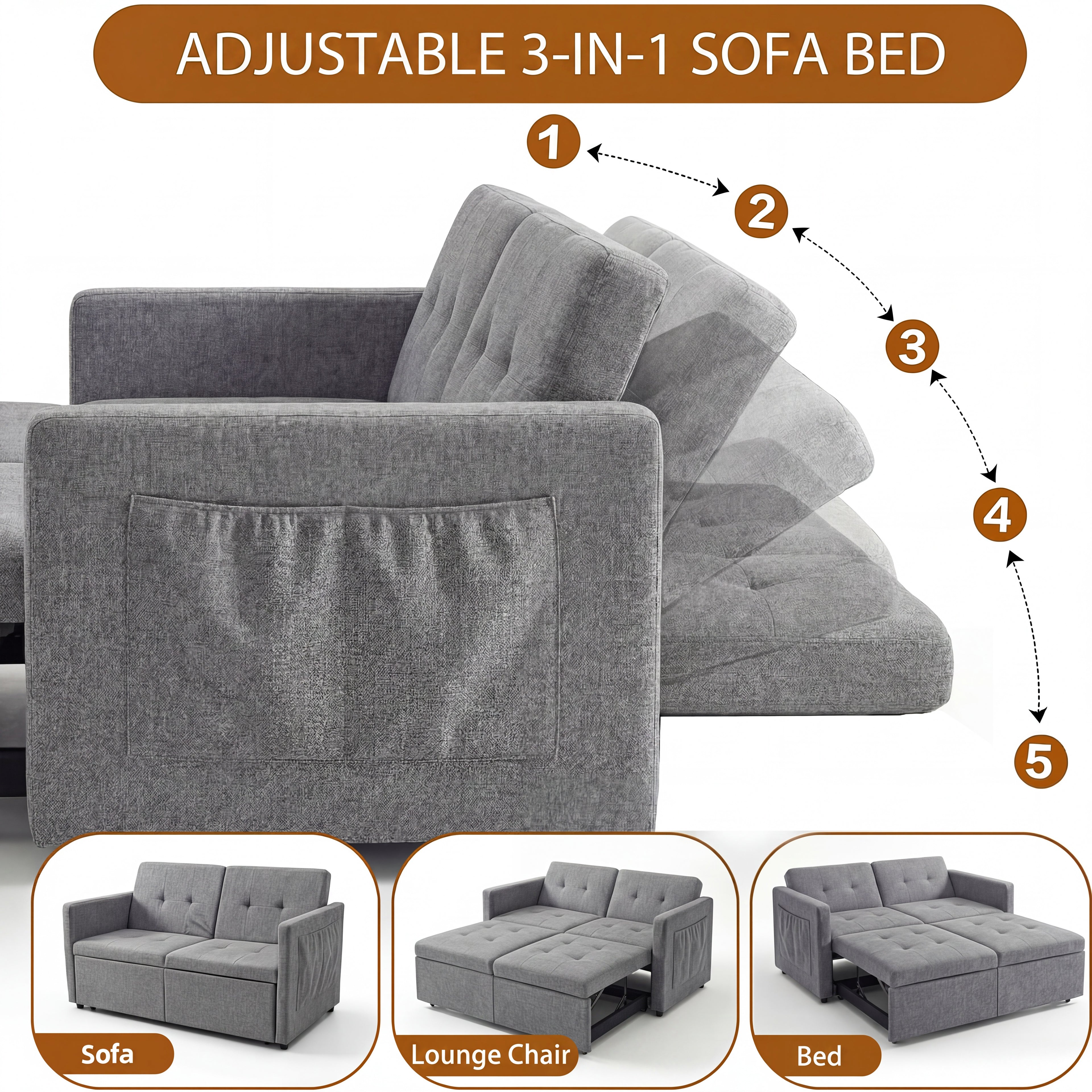 OYAJIA 3-in-1 Convertible Sofa Bed for Two with Adjustable Backrest