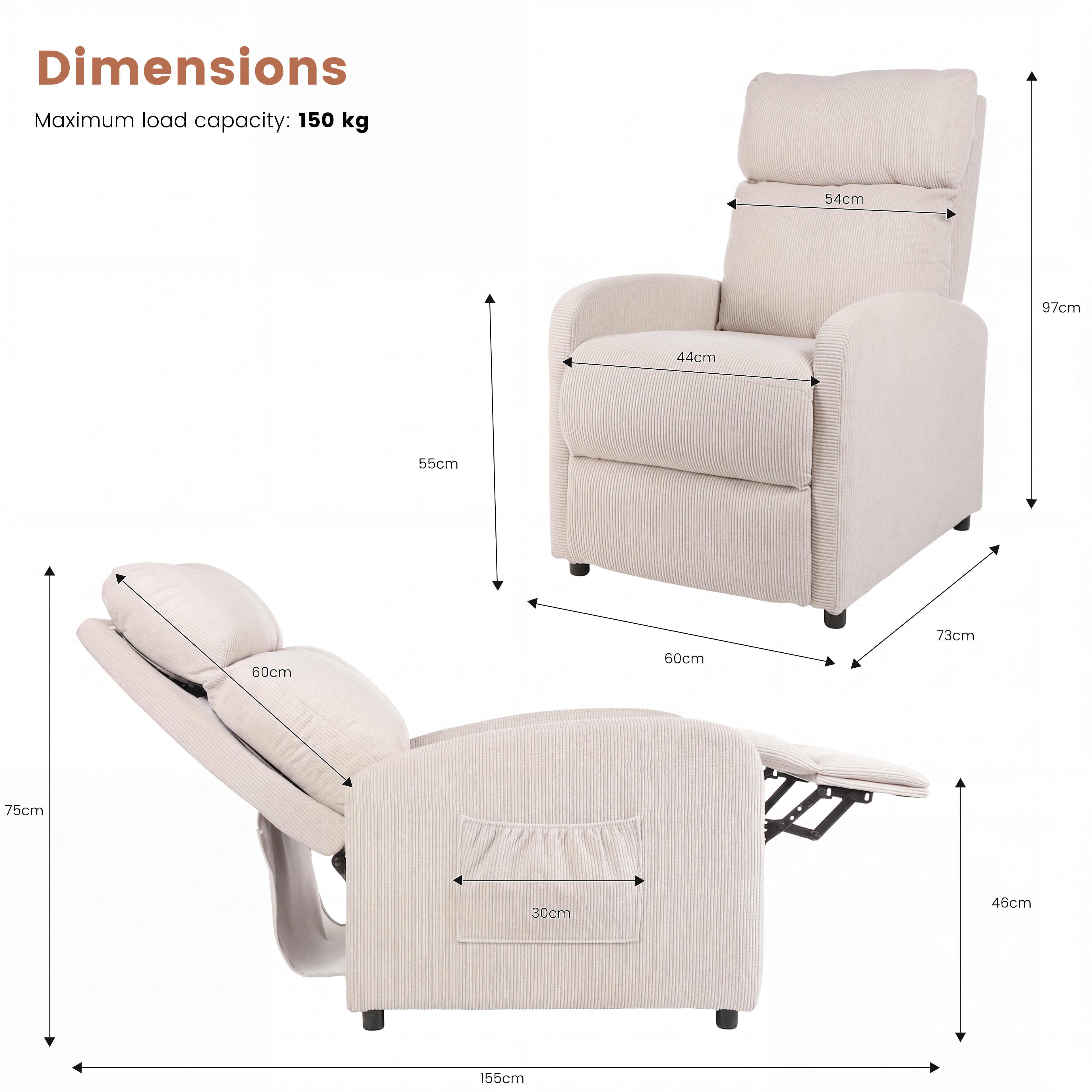 OYAJIA Ergonomic Reclining Lounge Chair with Adjustable Backrest and Side Pocket