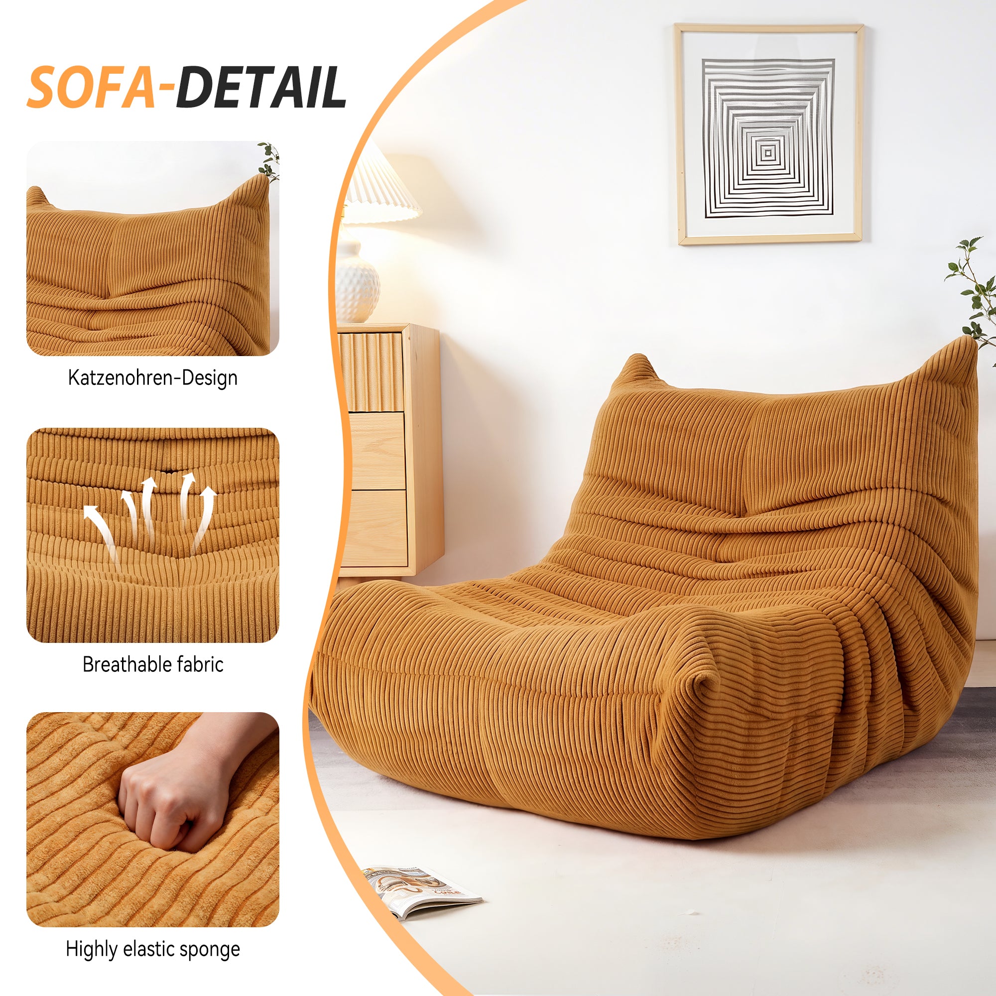 OYAJIA Corduroy Bean Bag Chair with High-Density Foam and Backrest