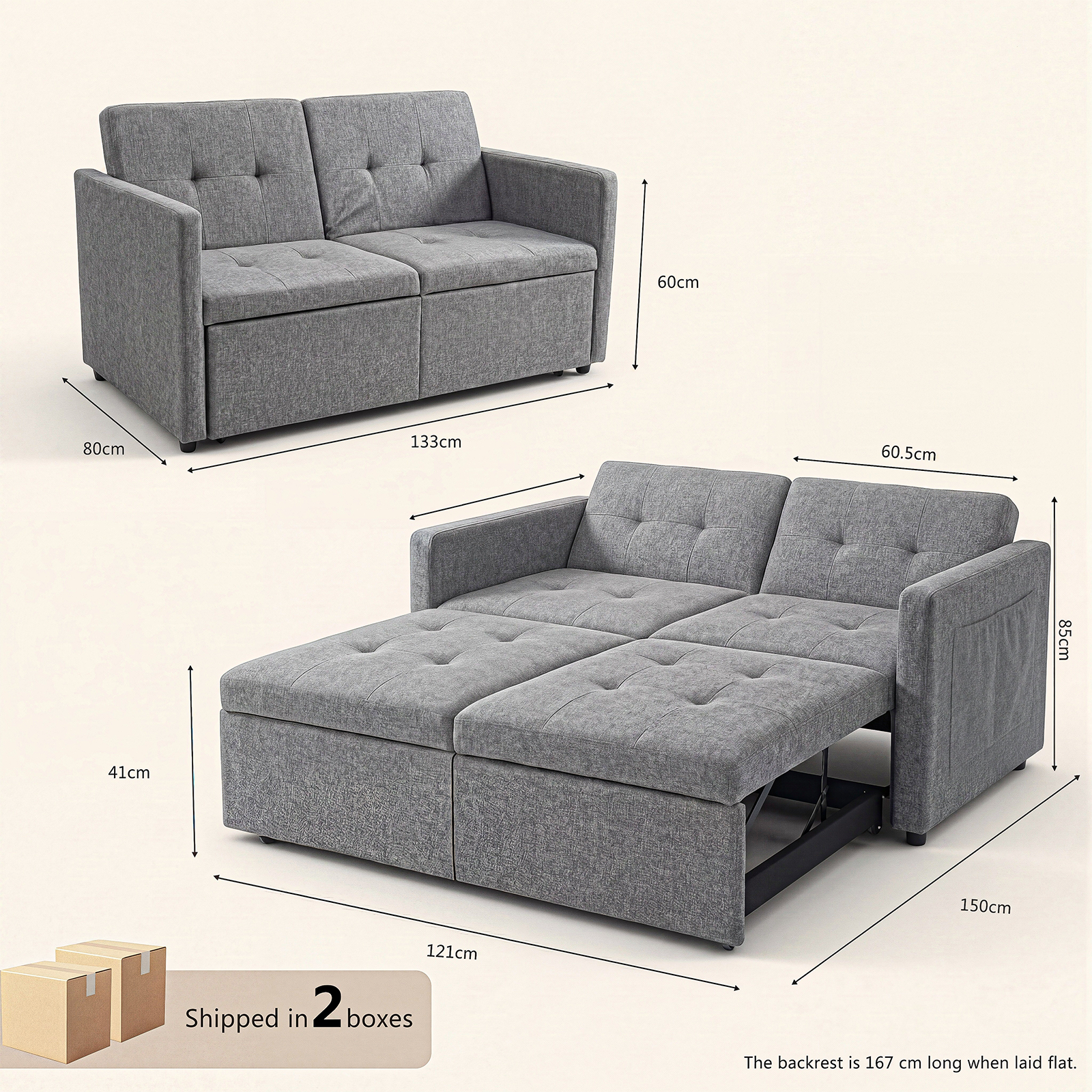 OYAJIA 3-in-1 Convertible Sofa Bed for Two with Adjustable Backrest
