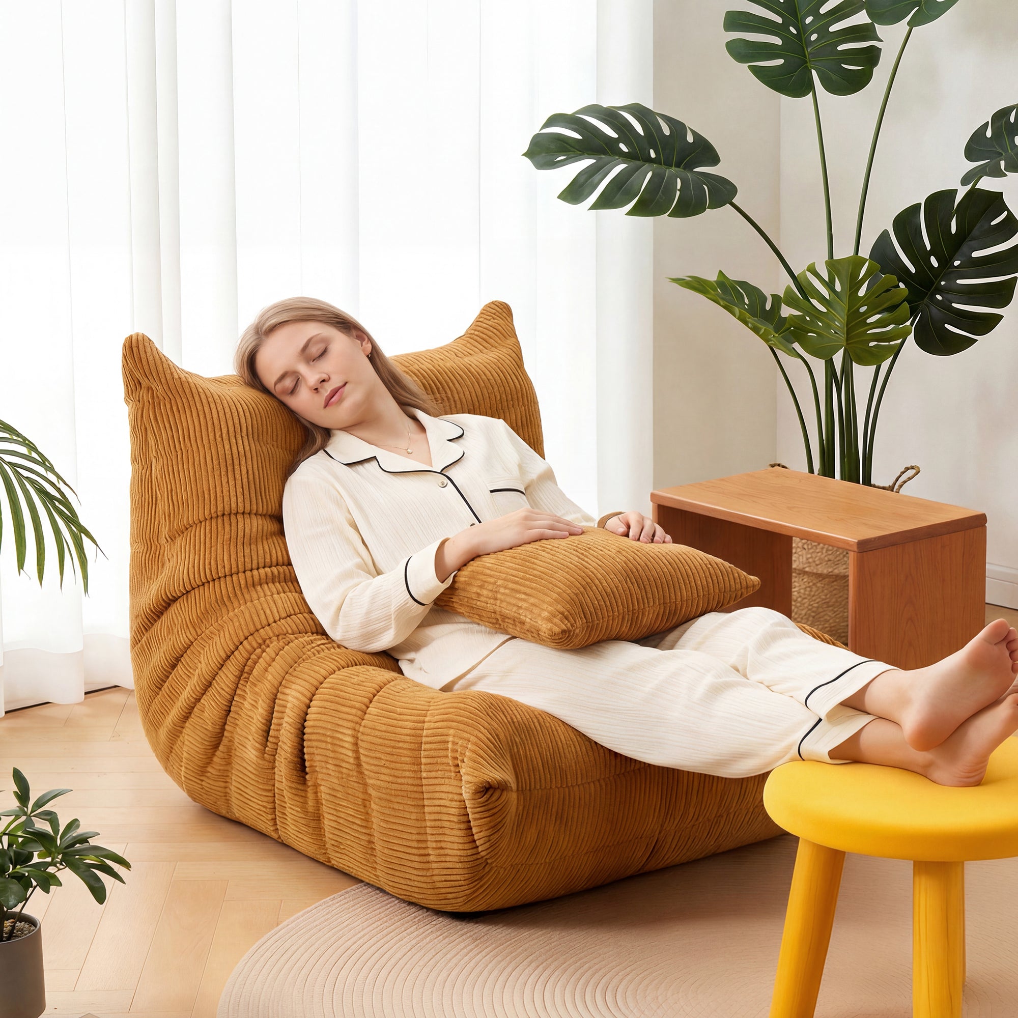 OYAJIA Corduroy Bean Bag Chair with High-Density Foam and Backrest