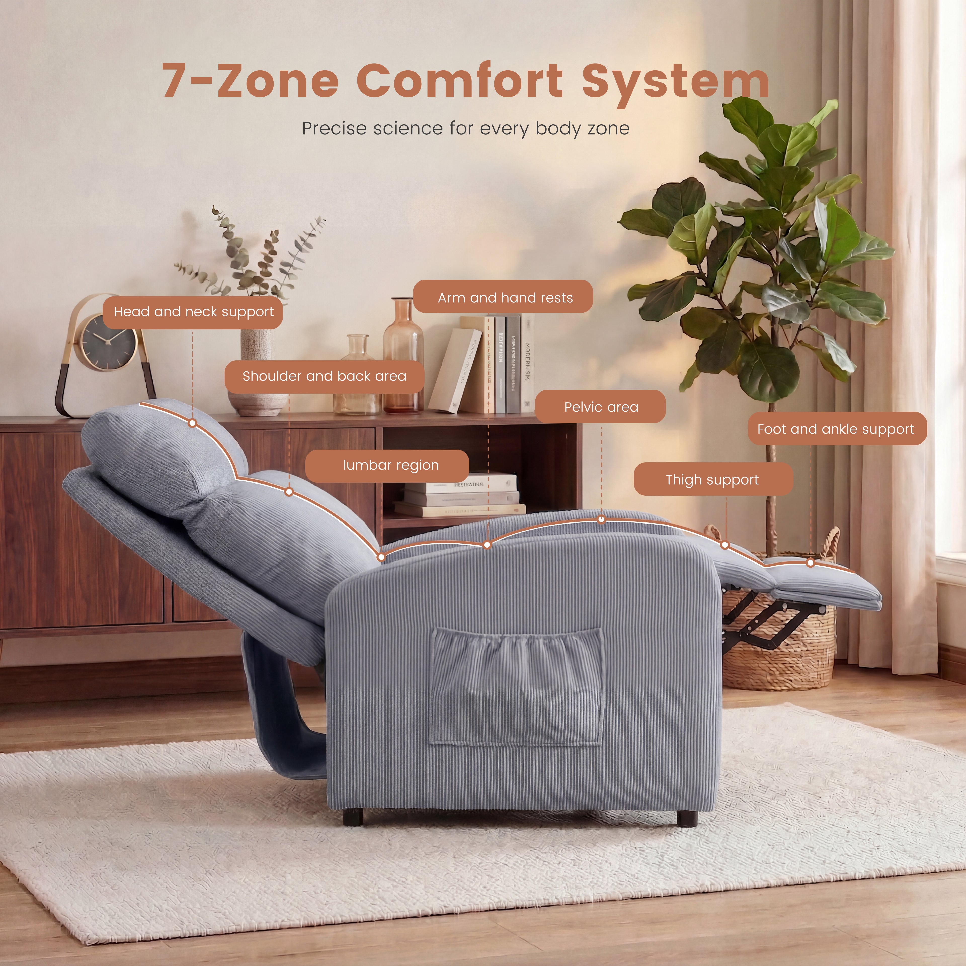 OYAJIA Ergonomic Reclining Lounge Chair with Adjustable Backrest and Side Pocket