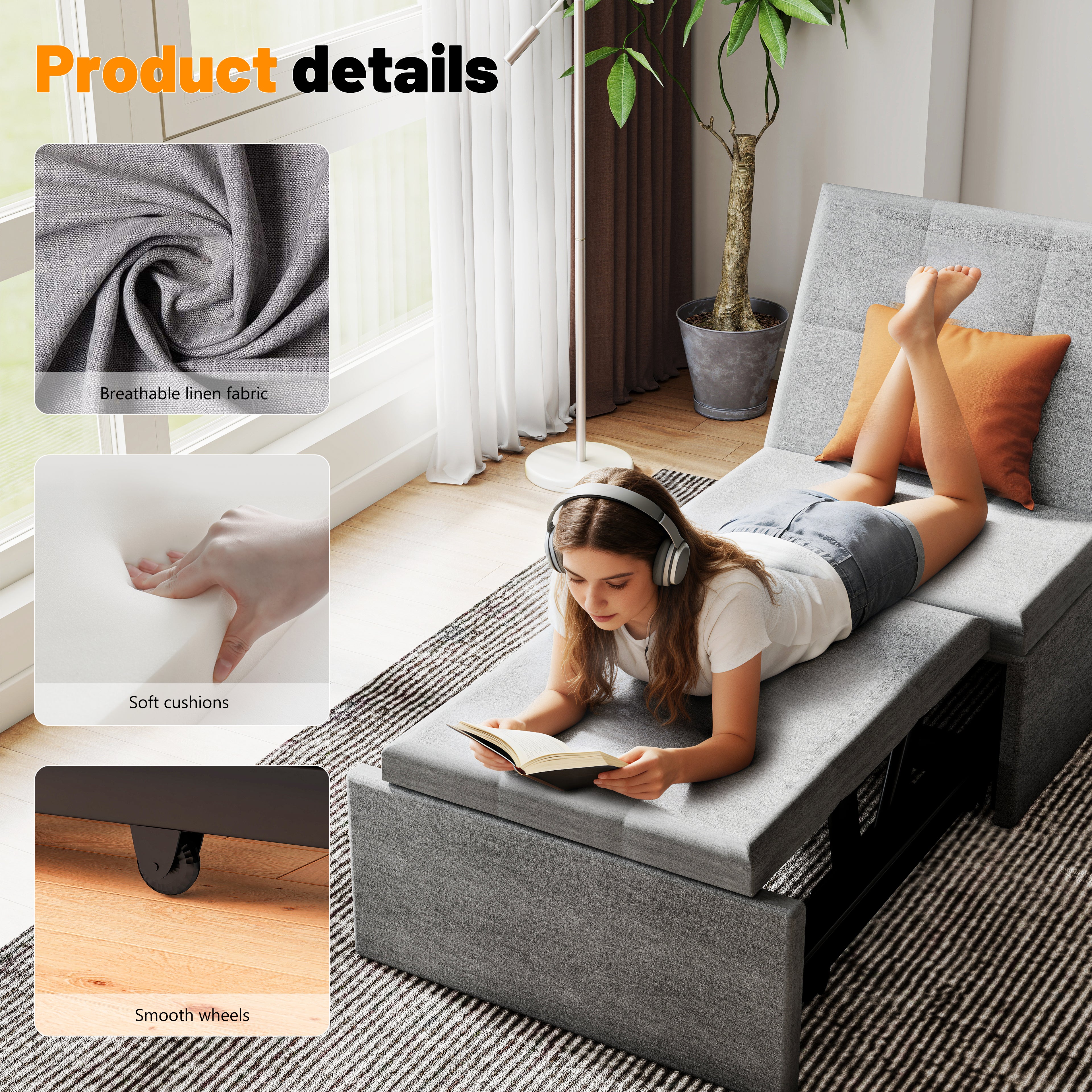 OYAJIA 3-in-1 Convertible Sofa Bed with Adjustable Backrest