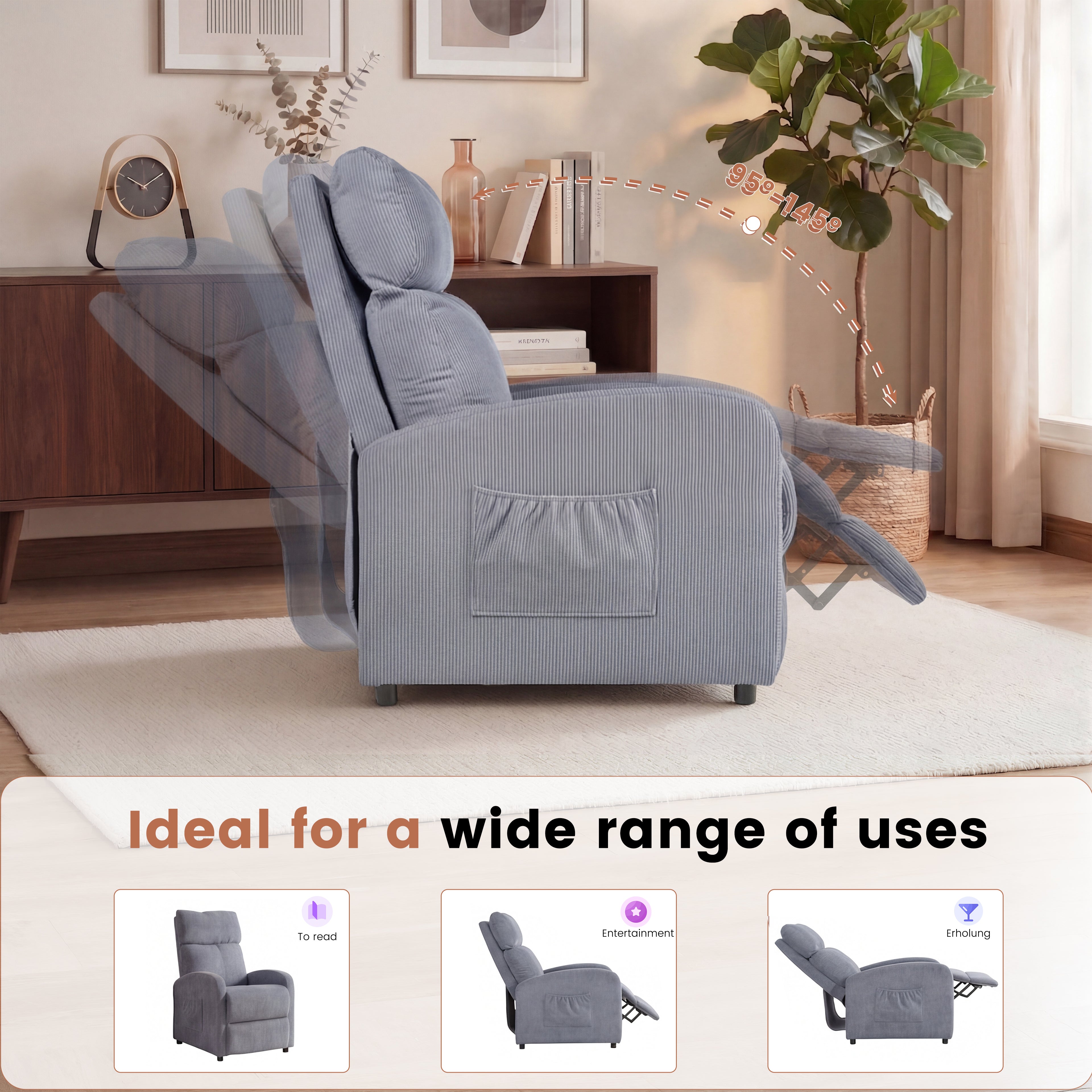 OYAJIA Ergonomic Reclining Lounge Chair with Adjustable Backrest and Side Pocket