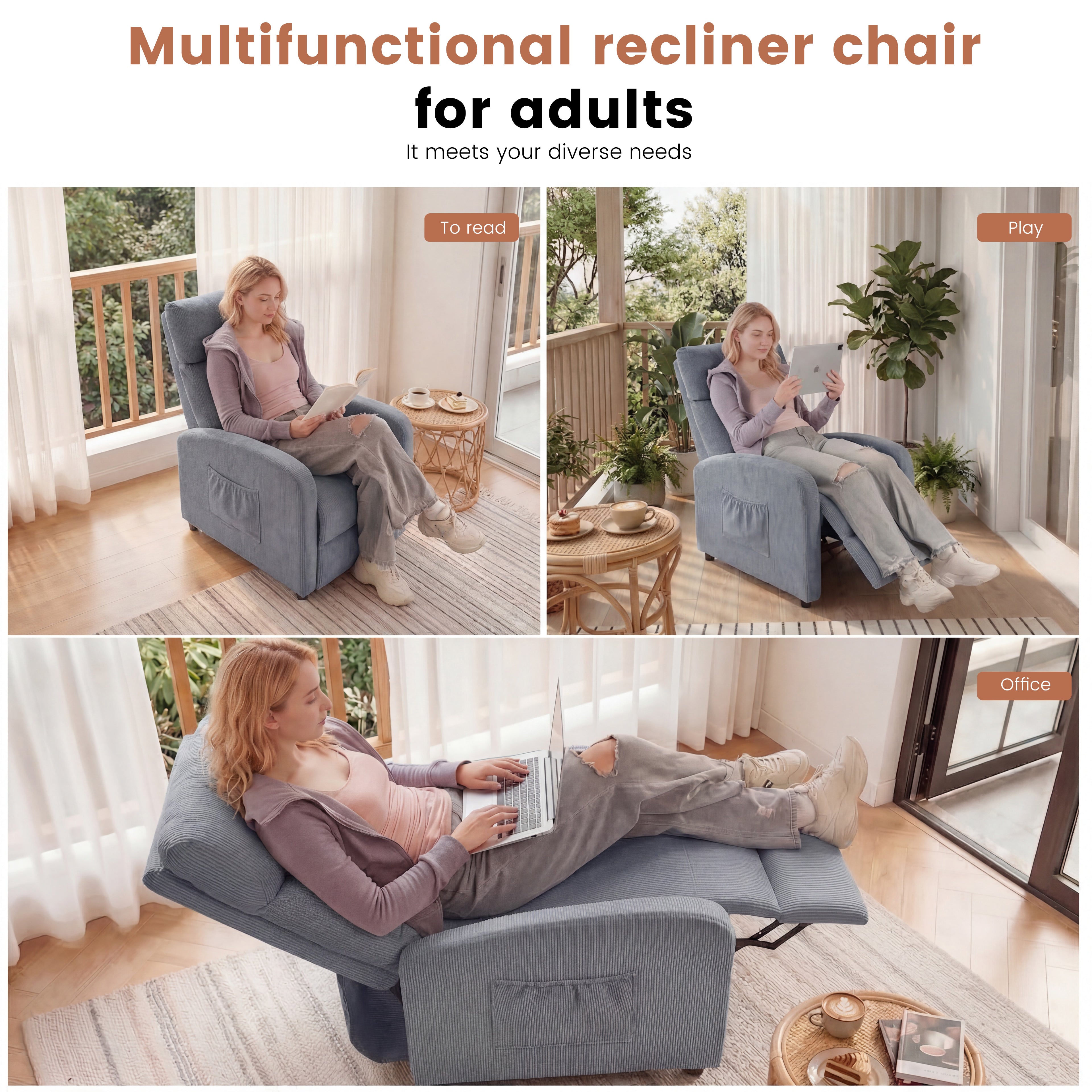 OYAJIA Ergonomic Reclining Lounge Chair with Adjustable Backrest and Side Pocket