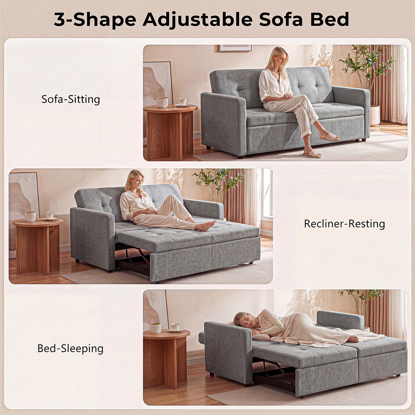 OYAJIA 3-in-1 Convertible Sofa Bed for Two with Adjustable Backrest