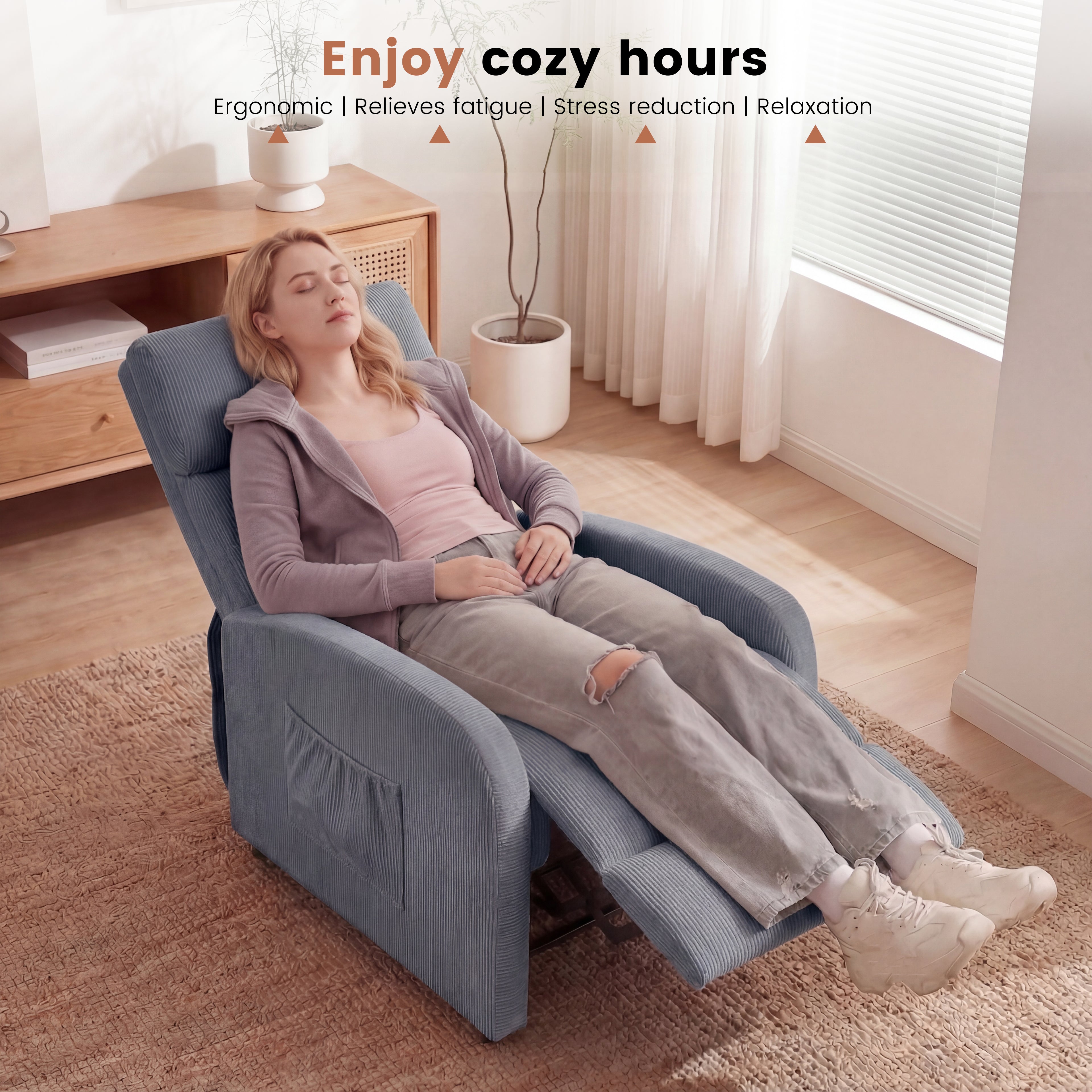 OYAJIA Ergonomic Reclining Lounge Chair with Adjustable Backrest and Side Pocket