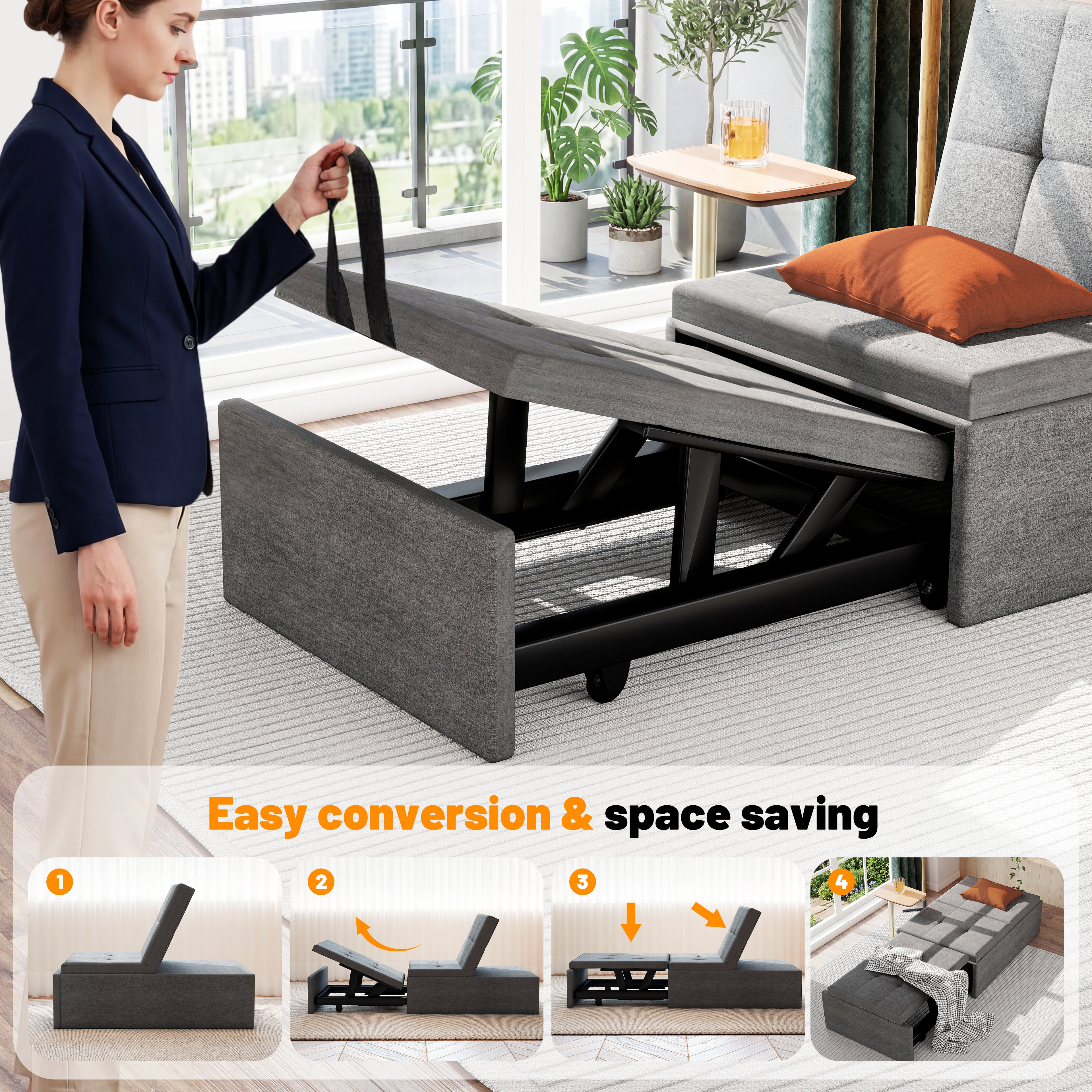 OYAJIA 3-in-1 Convertible Sofa Bed with Adjustable Backrest