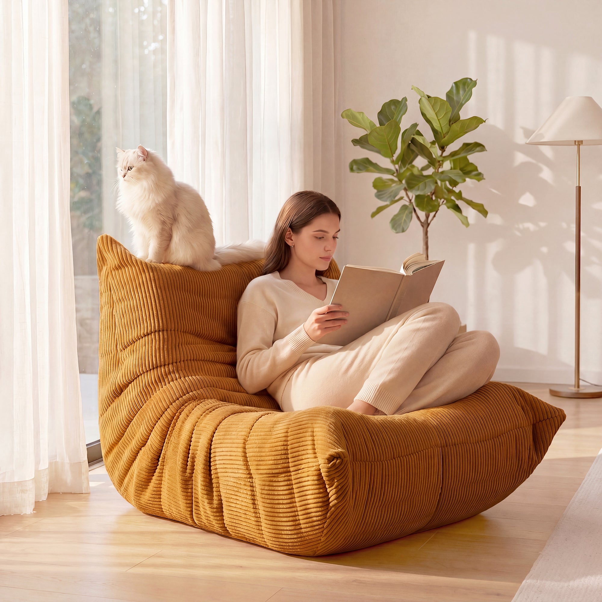 OYAJIA Corduroy Bean Bag Chair with High-Density Foam and Backrest