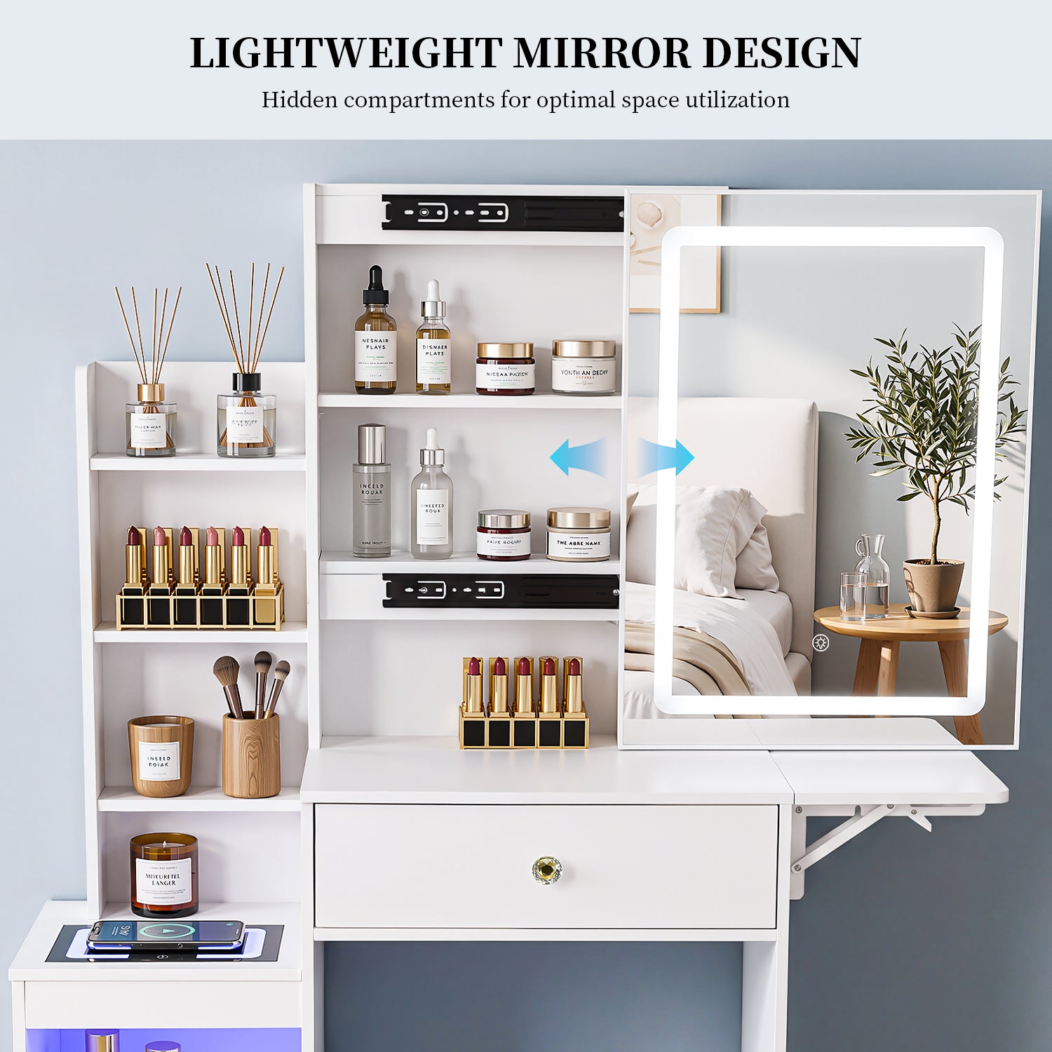 OYAJIA Modern Dressing Table with Mirror, LED Lights and Storage Drawers