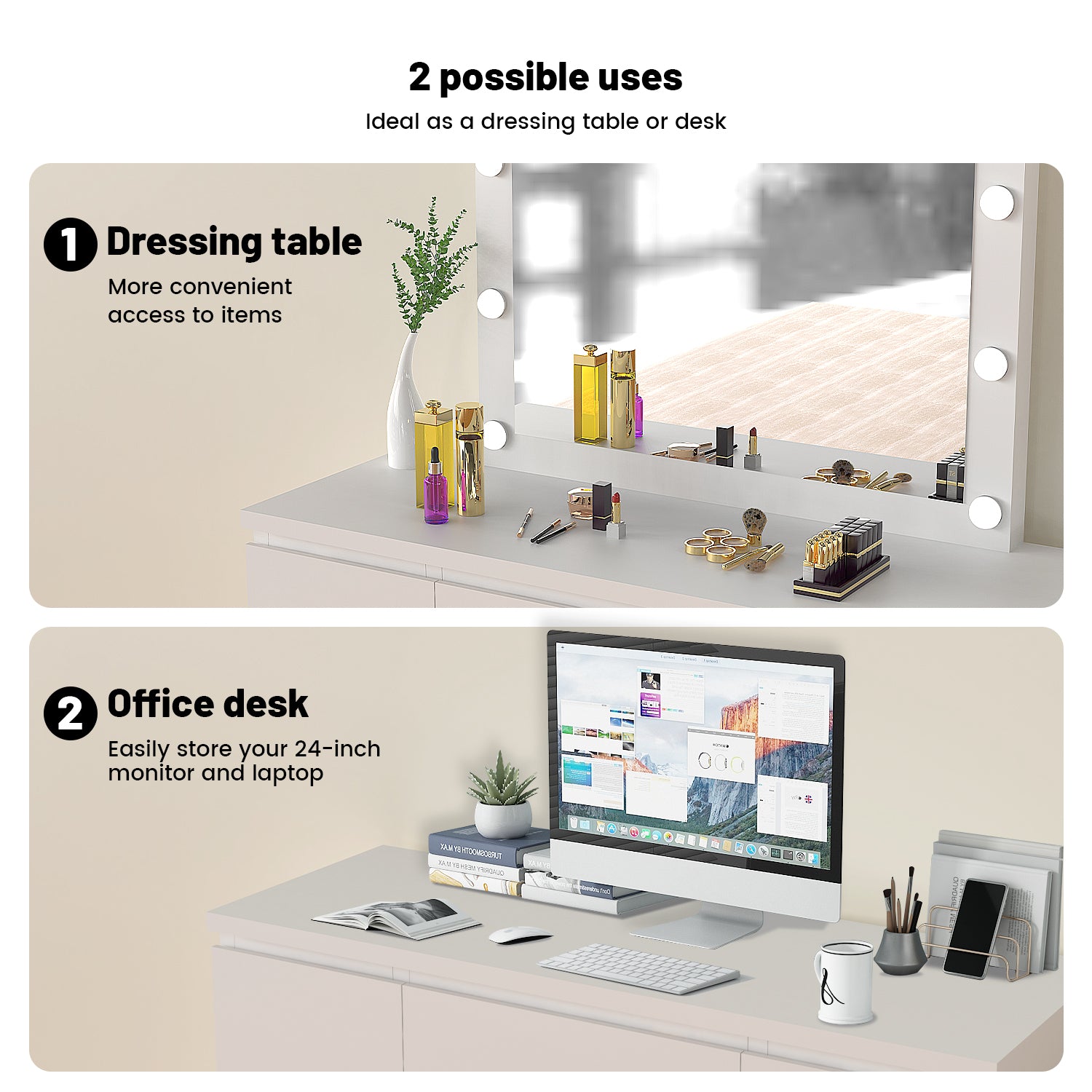 OYAJIA White Dressing Table with Hollywood LED Mirror and 7 Drawers