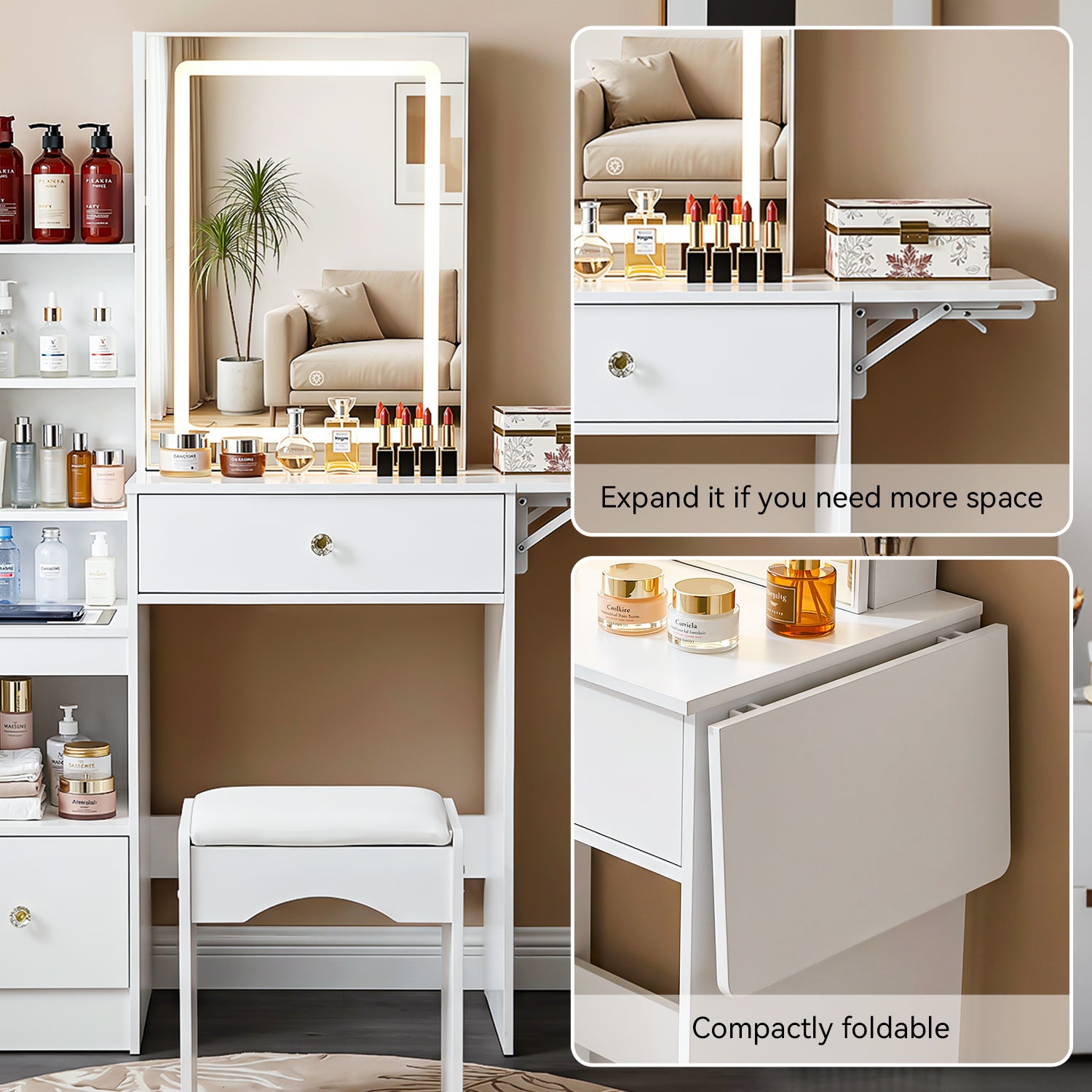OYAJIA Modern Dressing Table with Mirror, LED Lights and Storage Drawers