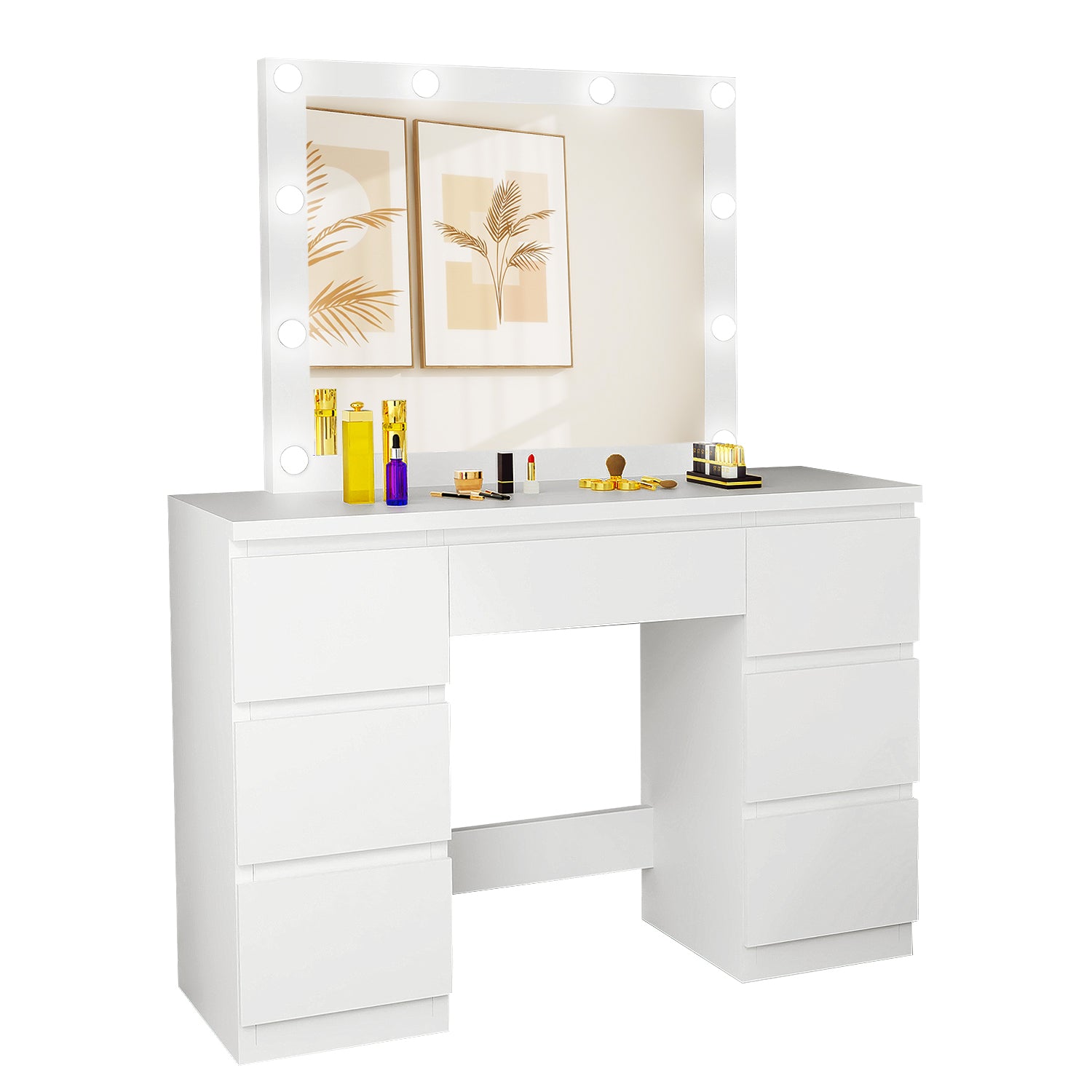 OYAJIA White Dressing Table with Hollywood LED Mirror and 7 Drawers