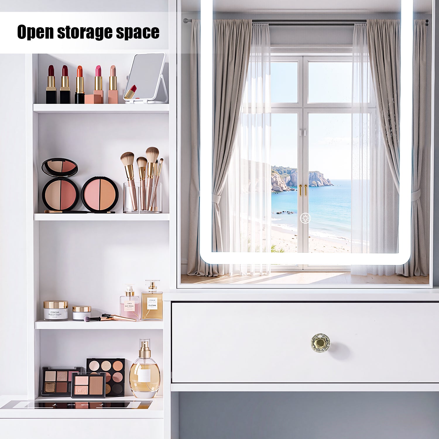 OYAJIA Modern Dressing Table with Mirror, LED Lights and Storage Drawers