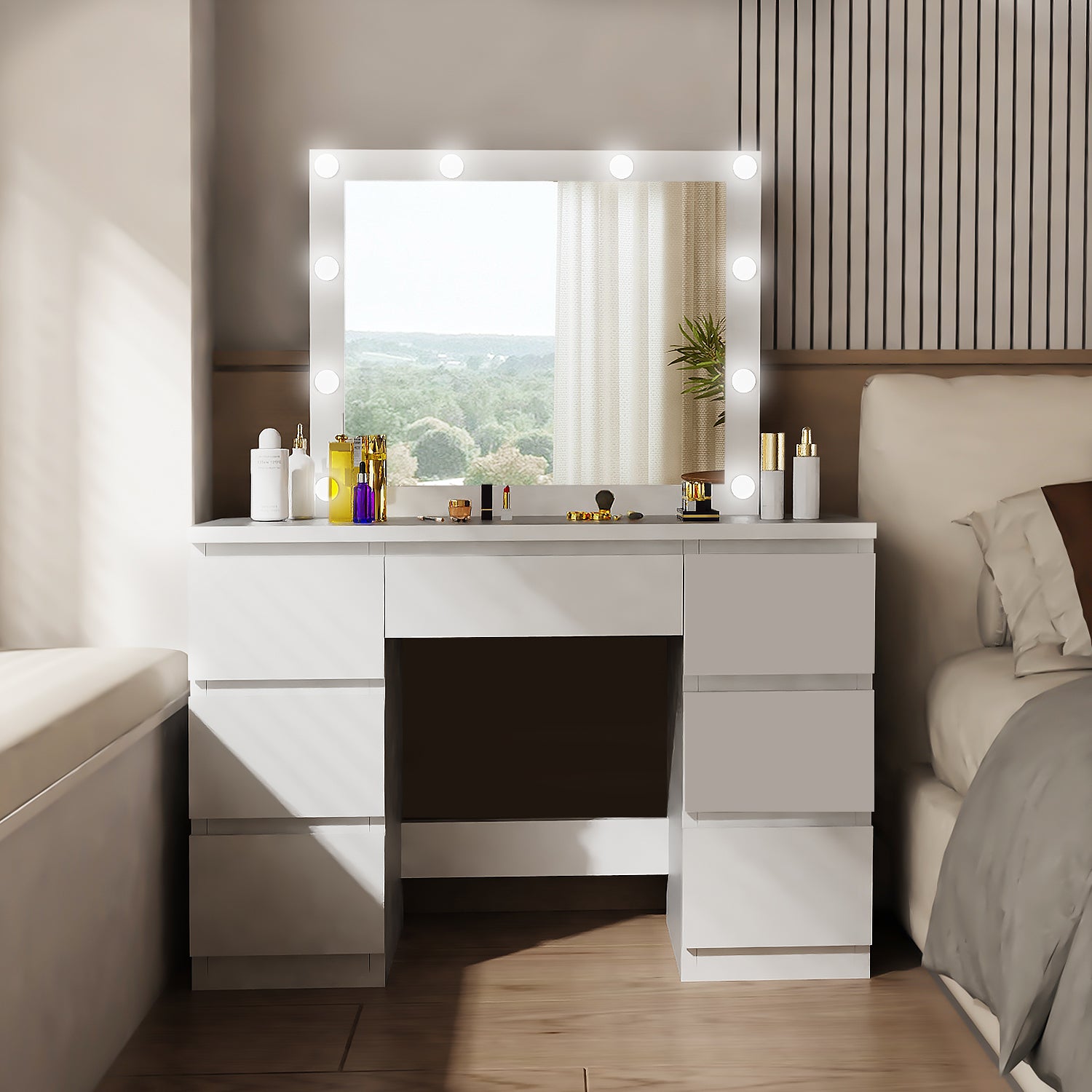 OYAJIA White Dressing Table with Hollywood LED Mirror and 7 Drawers