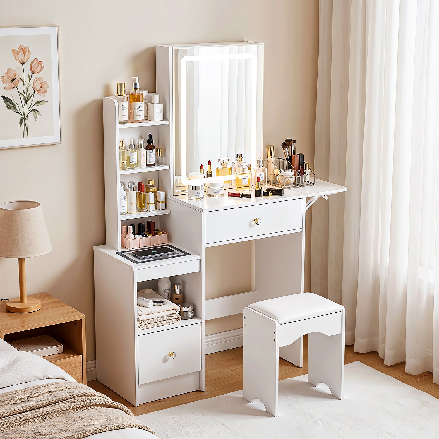 OYAJIA Modern Dressing Table with Mirror, LED Lights and Storage Drawers