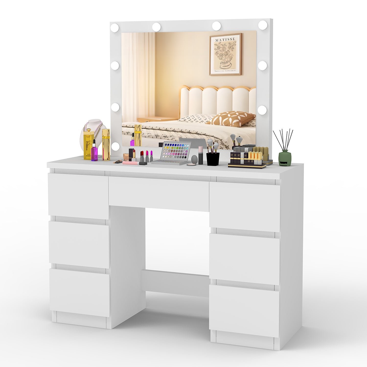 OYAJIA White Dressing Table with Hollywood LED Mirror and 7 Drawers