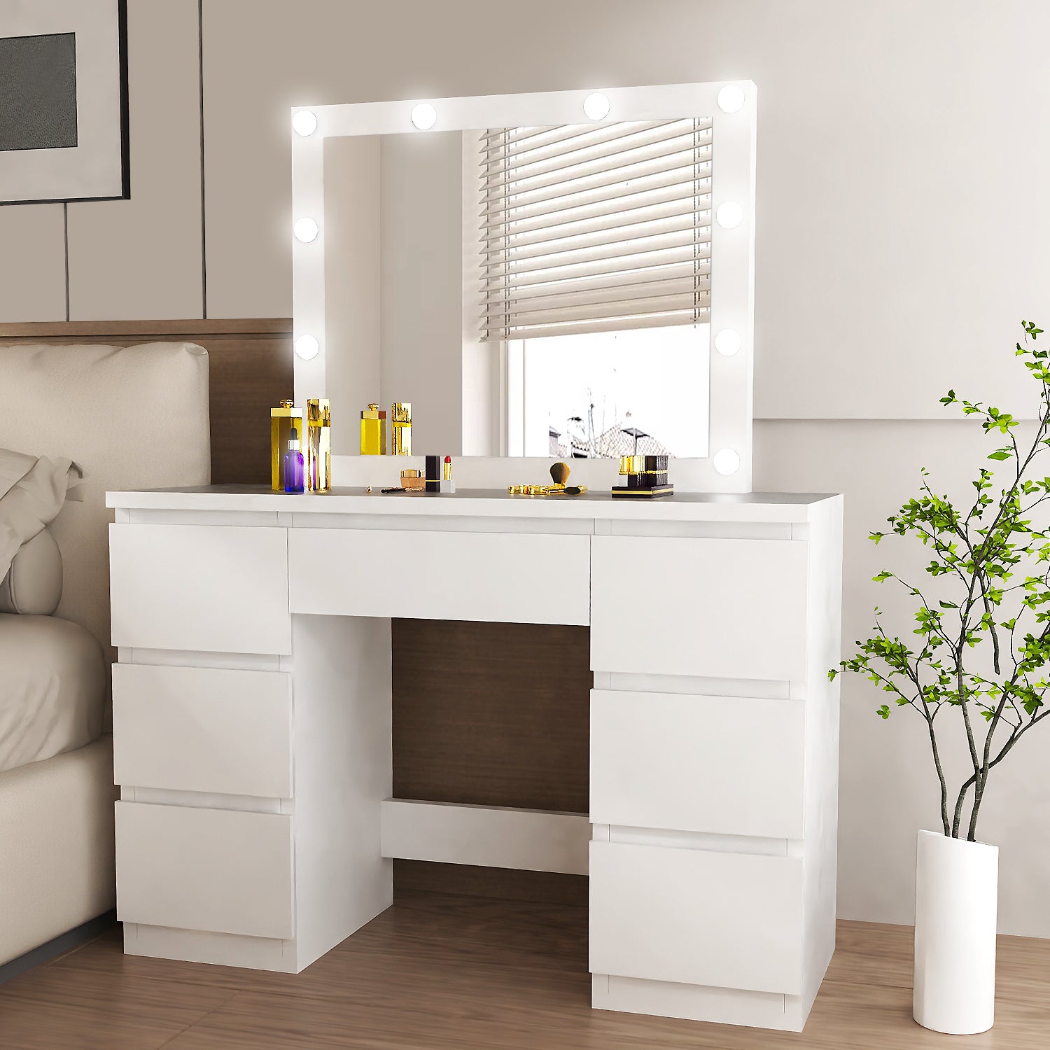OYAJIA White Dressing Table with Hollywood LED Mirror and 7 Drawers