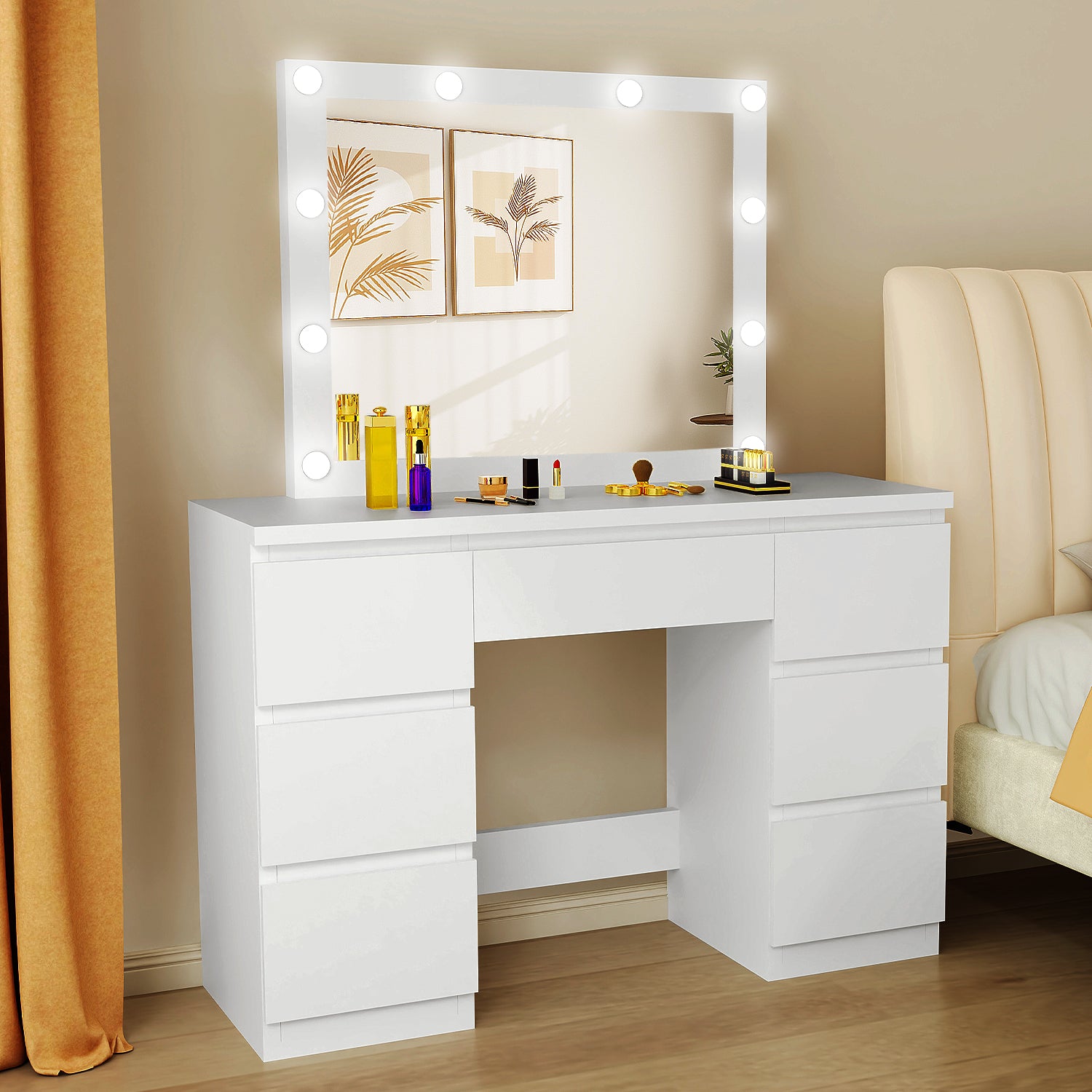 OYAJIA White Dressing Table with Hollywood LED Mirror and 7 Drawers