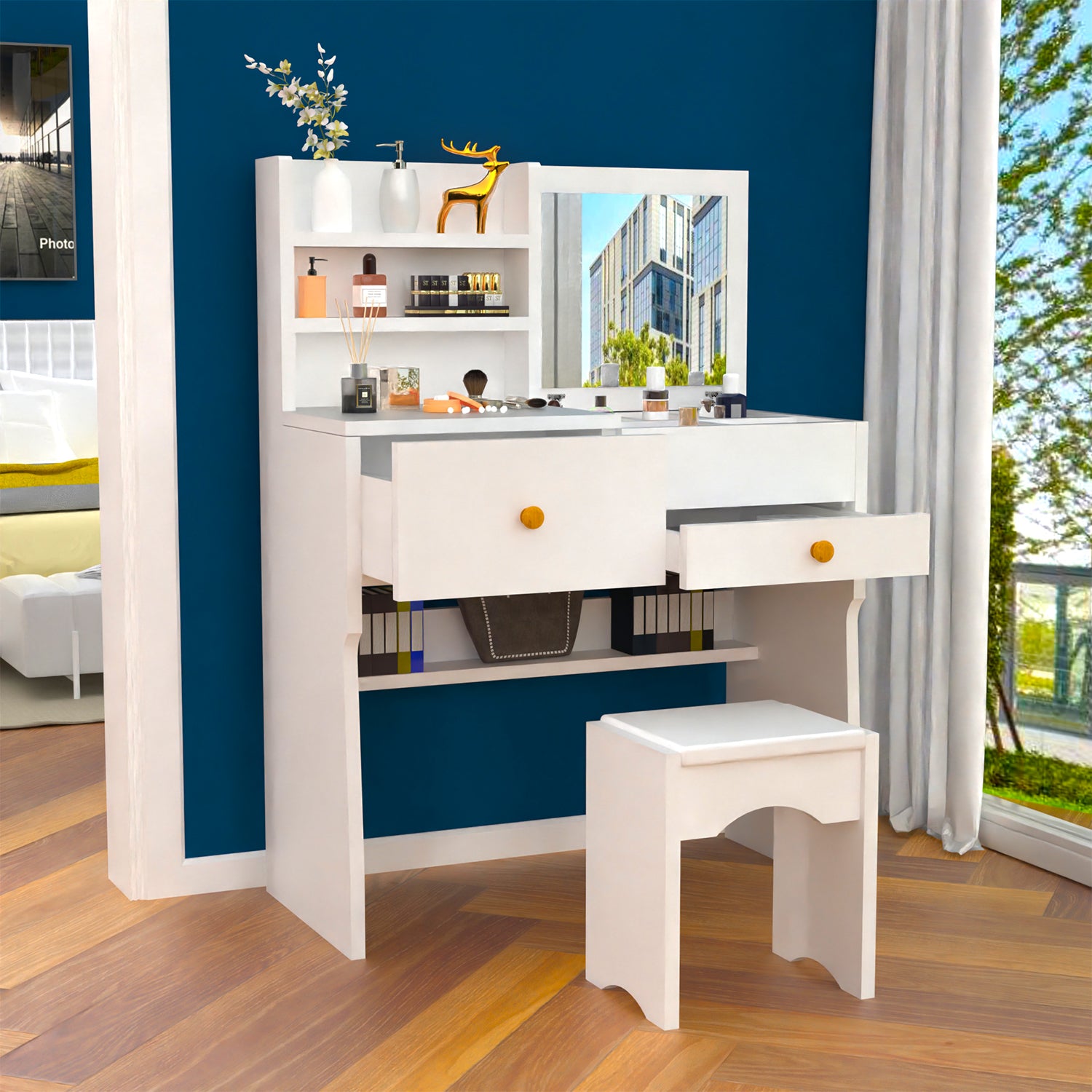 OYAJIA Bedroom Vanity Dressing Table with Mirror and Storage Drawers