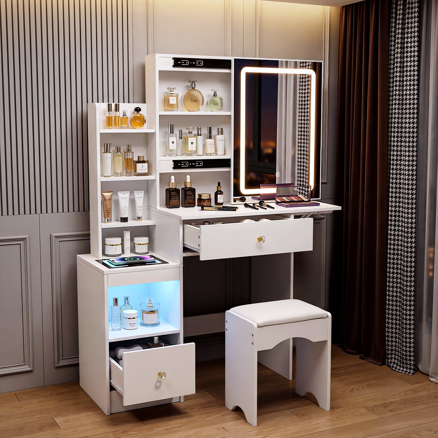 OYAJIA Modern Dressing Table with Mirror, LED Lights and Storage Drawers