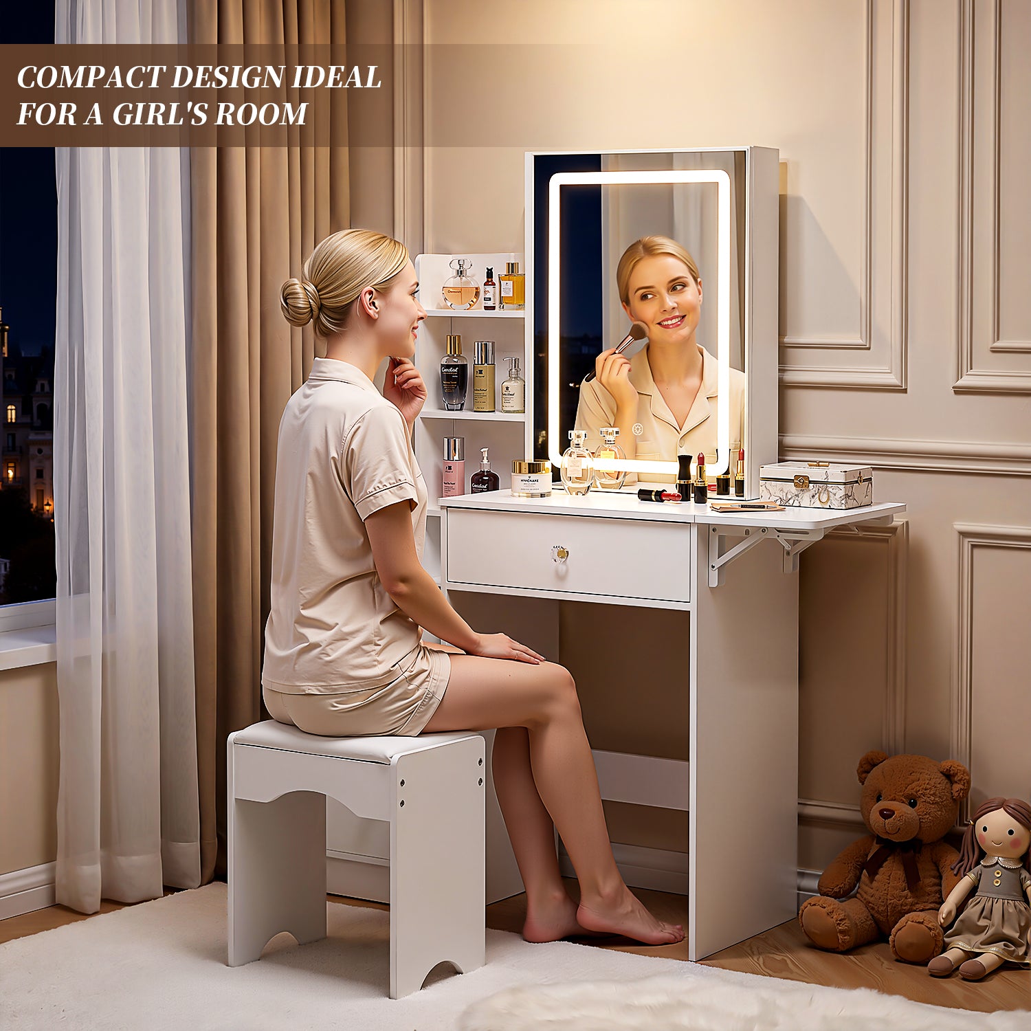 OYAJIA Modern Dressing Table with Mirror, LED Lights and Storage Drawers