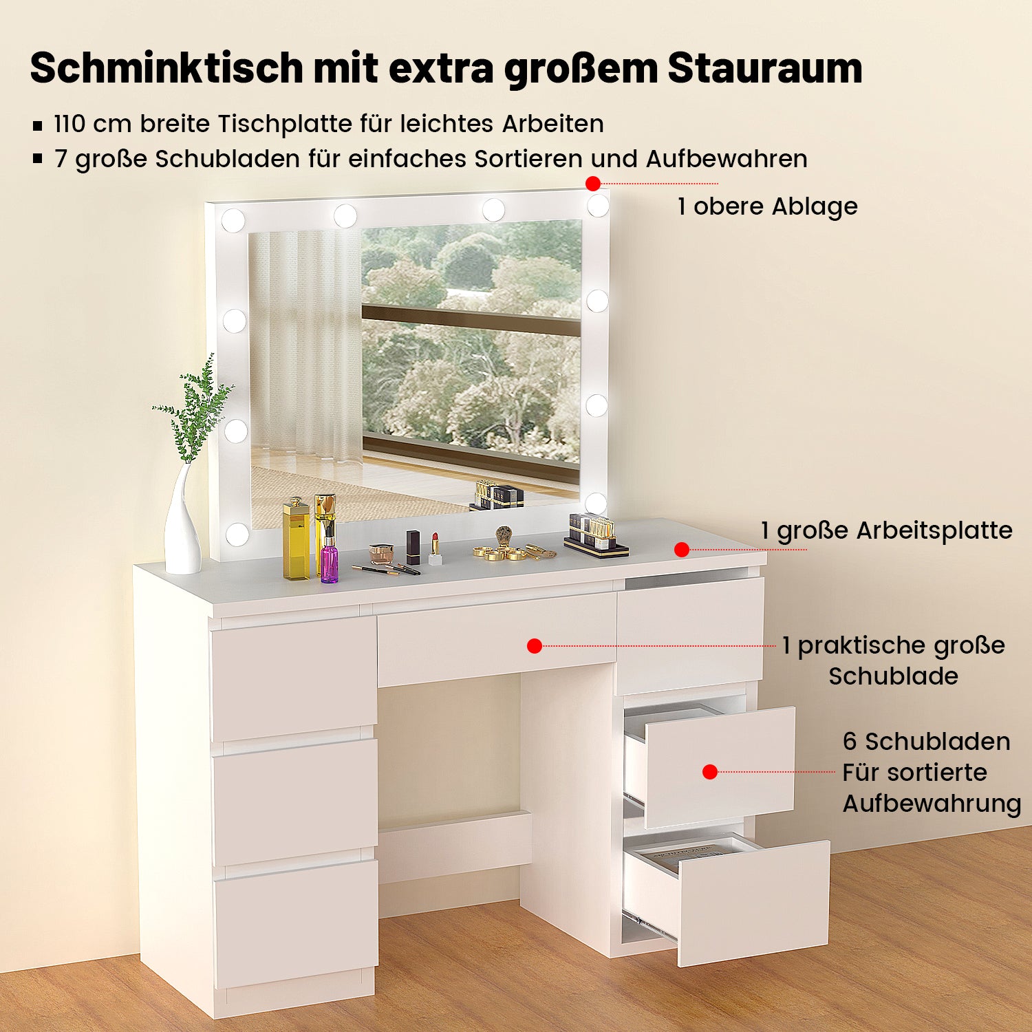 OYAJIA White Dressing Table with Hollywood LED Mirror and 7 Drawers