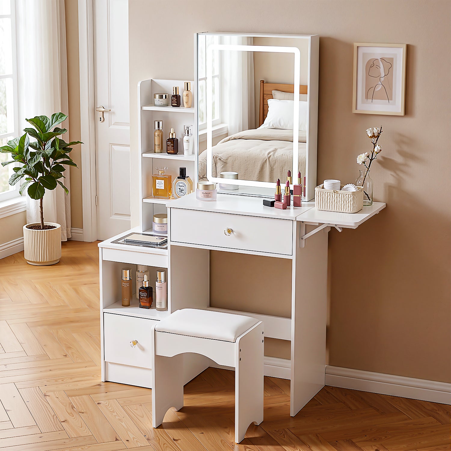 OYAJIA Modern Dressing Table with Mirror, LED Lights and Storage Drawers