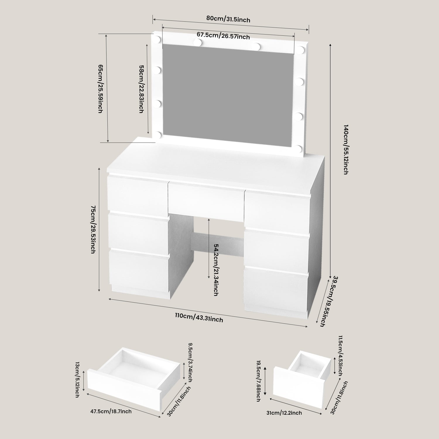 OYAJIA White Dressing Table with Hollywood LED Mirror and 7 Drawers