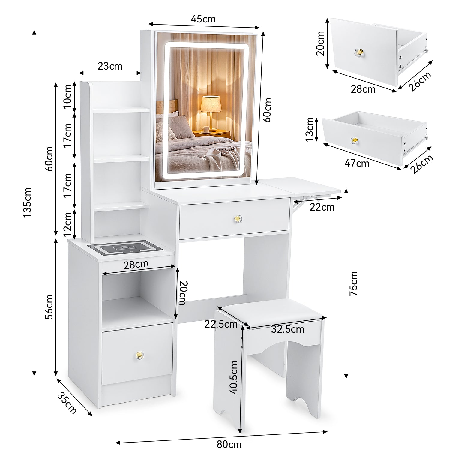 OYAJIA Modern Dressing Table with Mirror, LED Lights and Storage Drawers