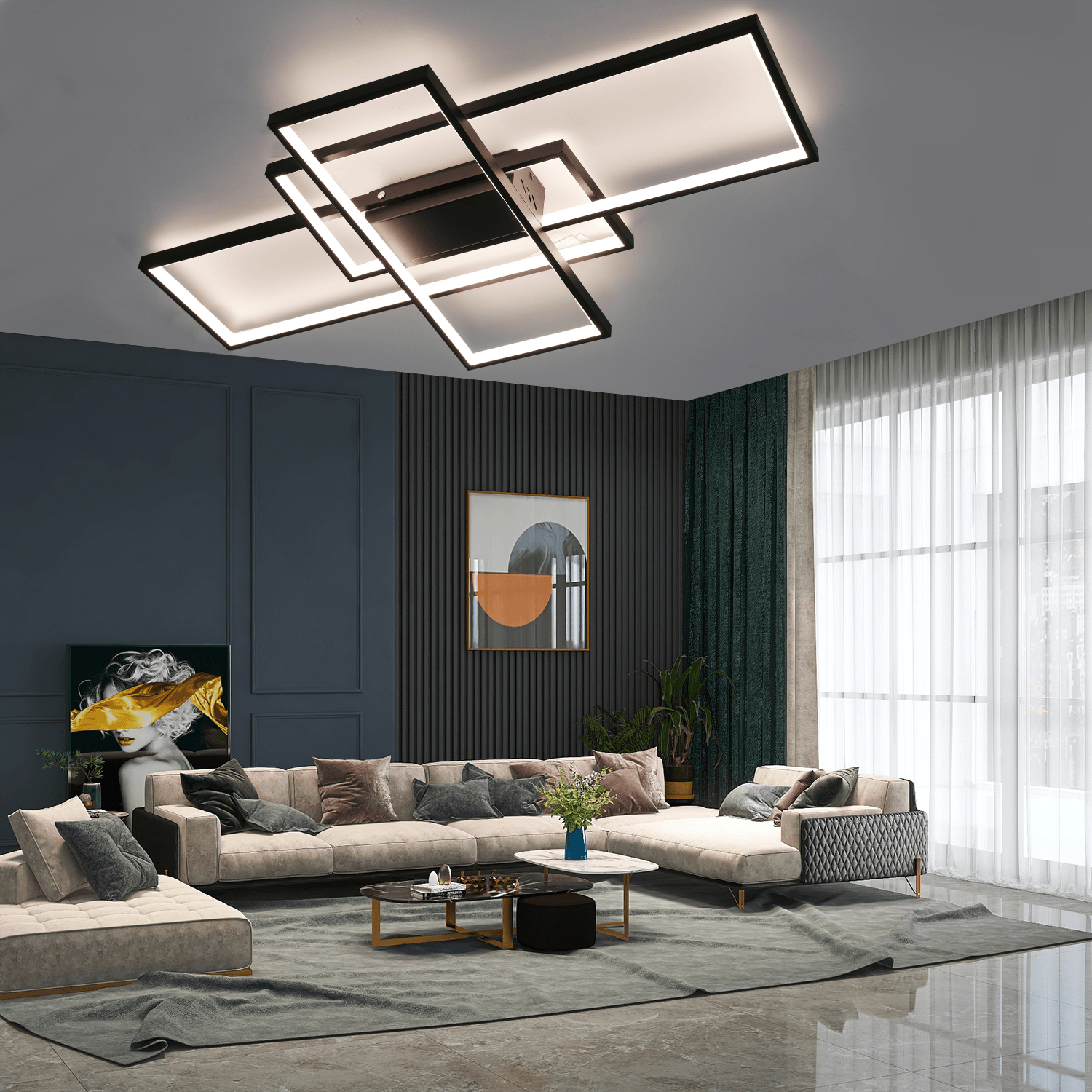 OYAJIA 60W LED Ceiling Light with Remote, Dimmable 90cm Geometric Modern Design