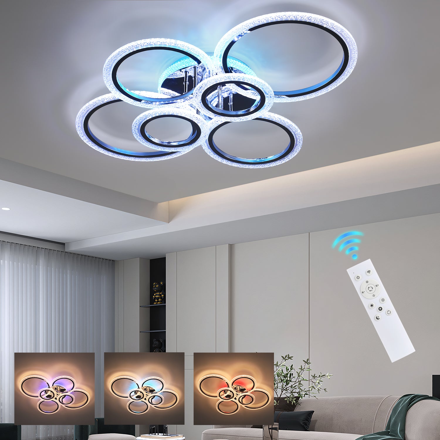 OYAJIA 46W RGB LED Ceiling Light with Remote, Six-Ring Crystal Effect Design