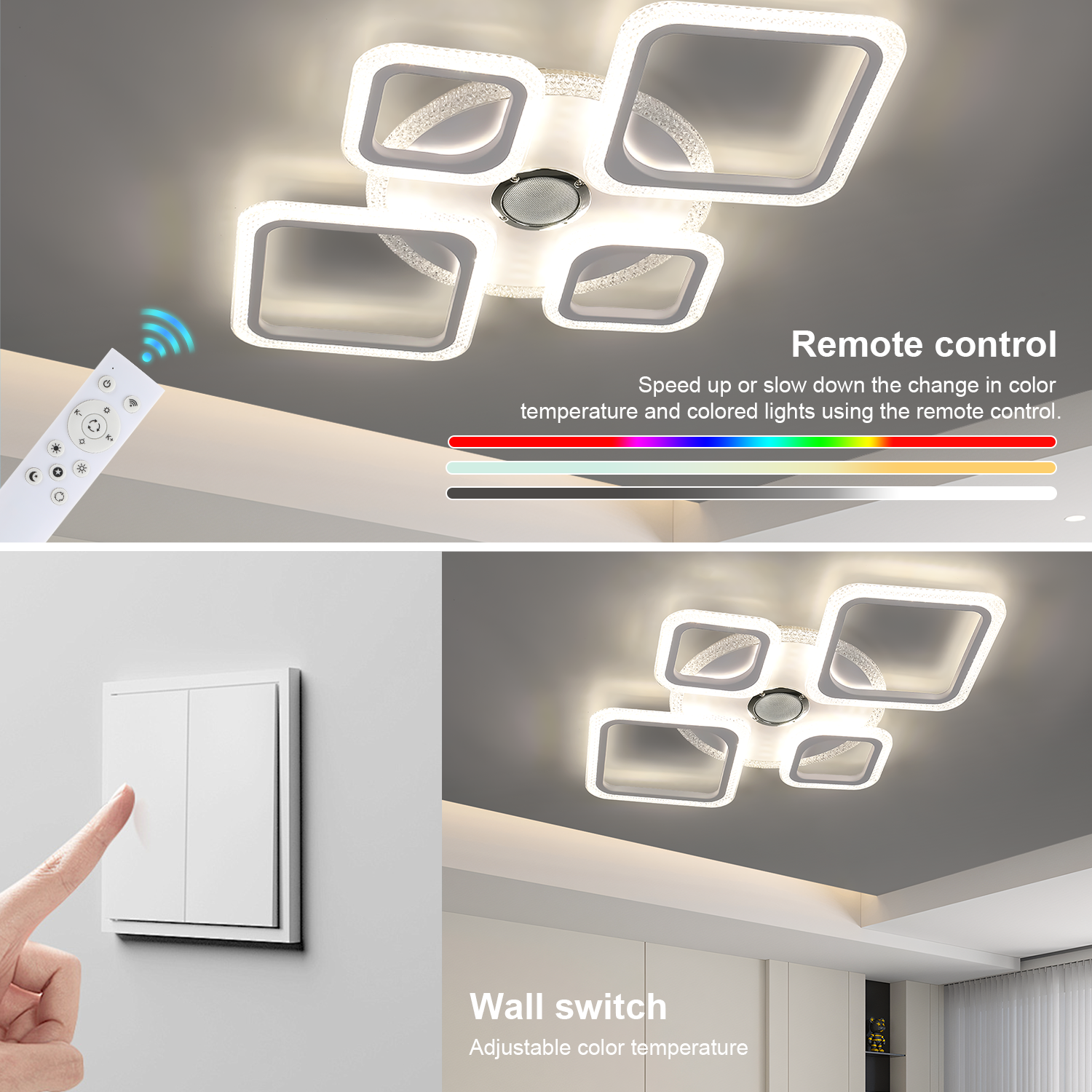 OYAJIA 50W RGB LED Ceiling Light with Remote, Dimmable 4-Ring Modern Design