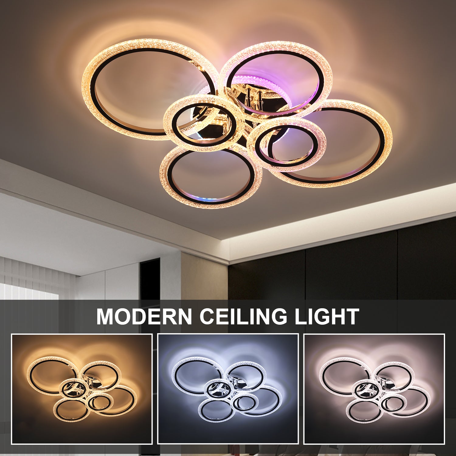 OYAJIA 46W RGB LED Ceiling Light with Remote, Six-Ring Crystal Effect Design