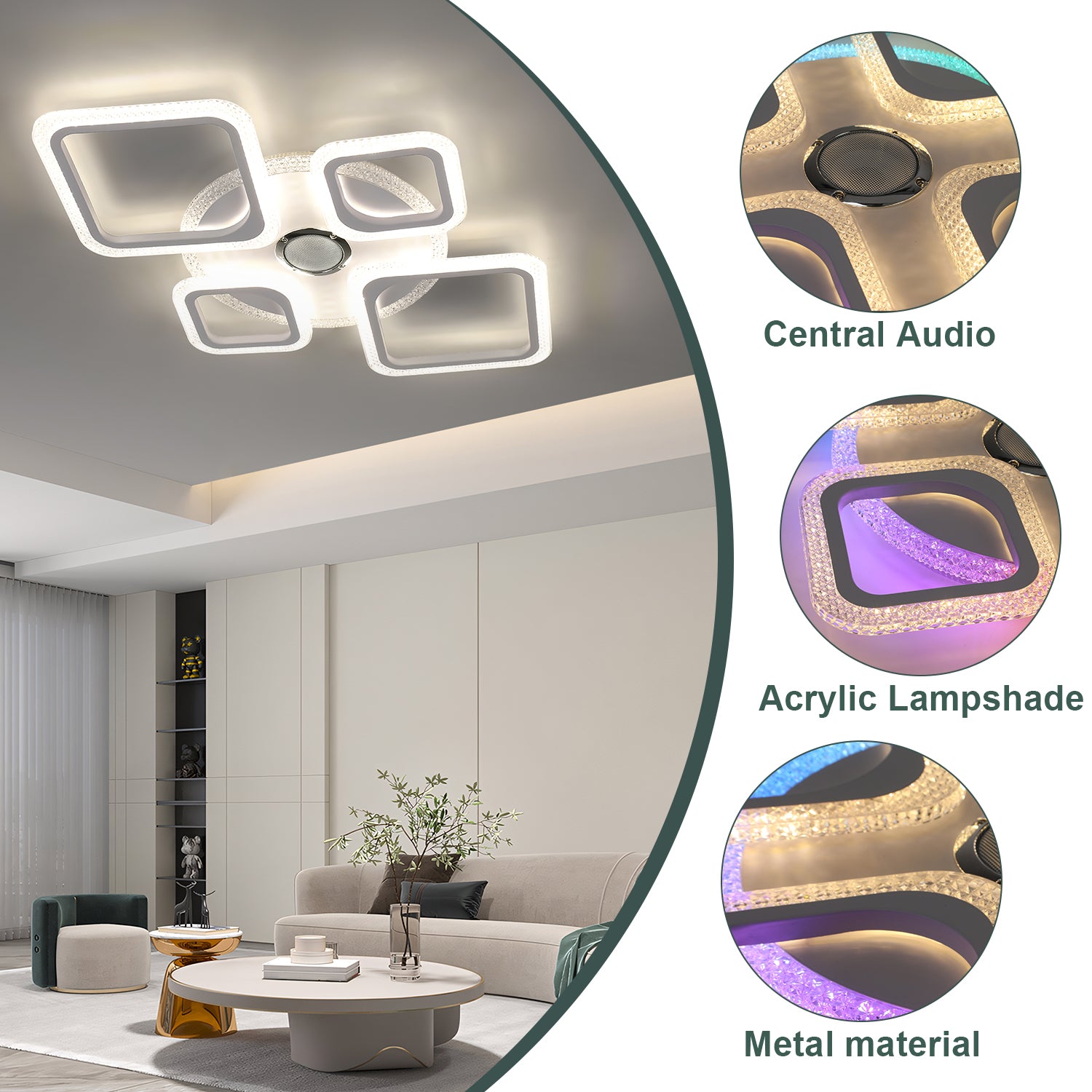 OYAJIA 50W RGB LED Ceiling Light with Remote, Dimmable 4-Ring Modern Design