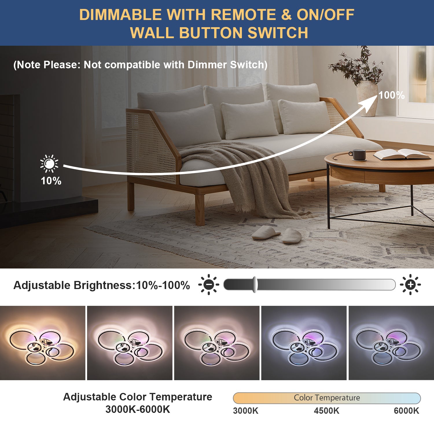 OYAJIA 46W RGB LED Ceiling Light with Remote, Six-Ring Crystal Effect Design