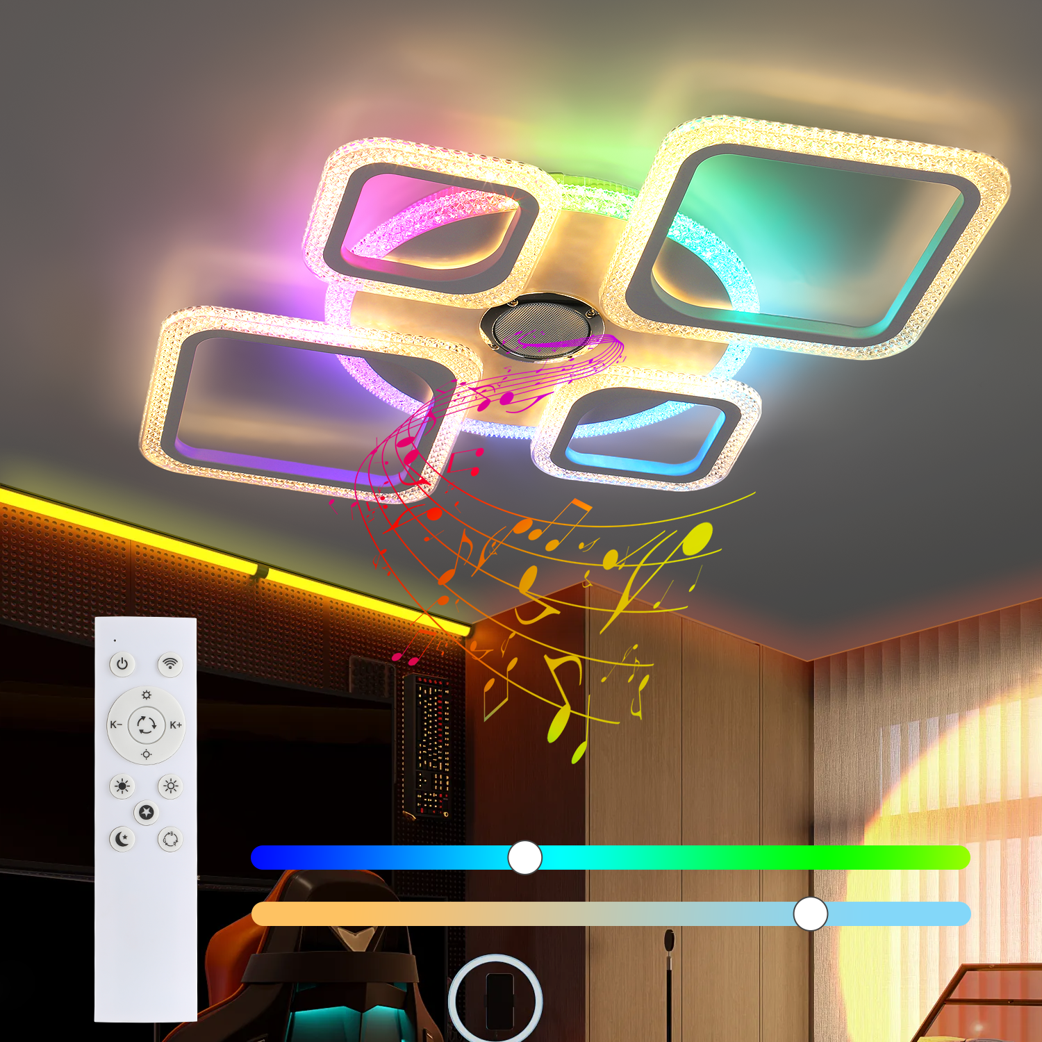 OYAJIA 50W RGB LED Ceiling Light with Remote, Dimmable 4-Ring Modern Design
