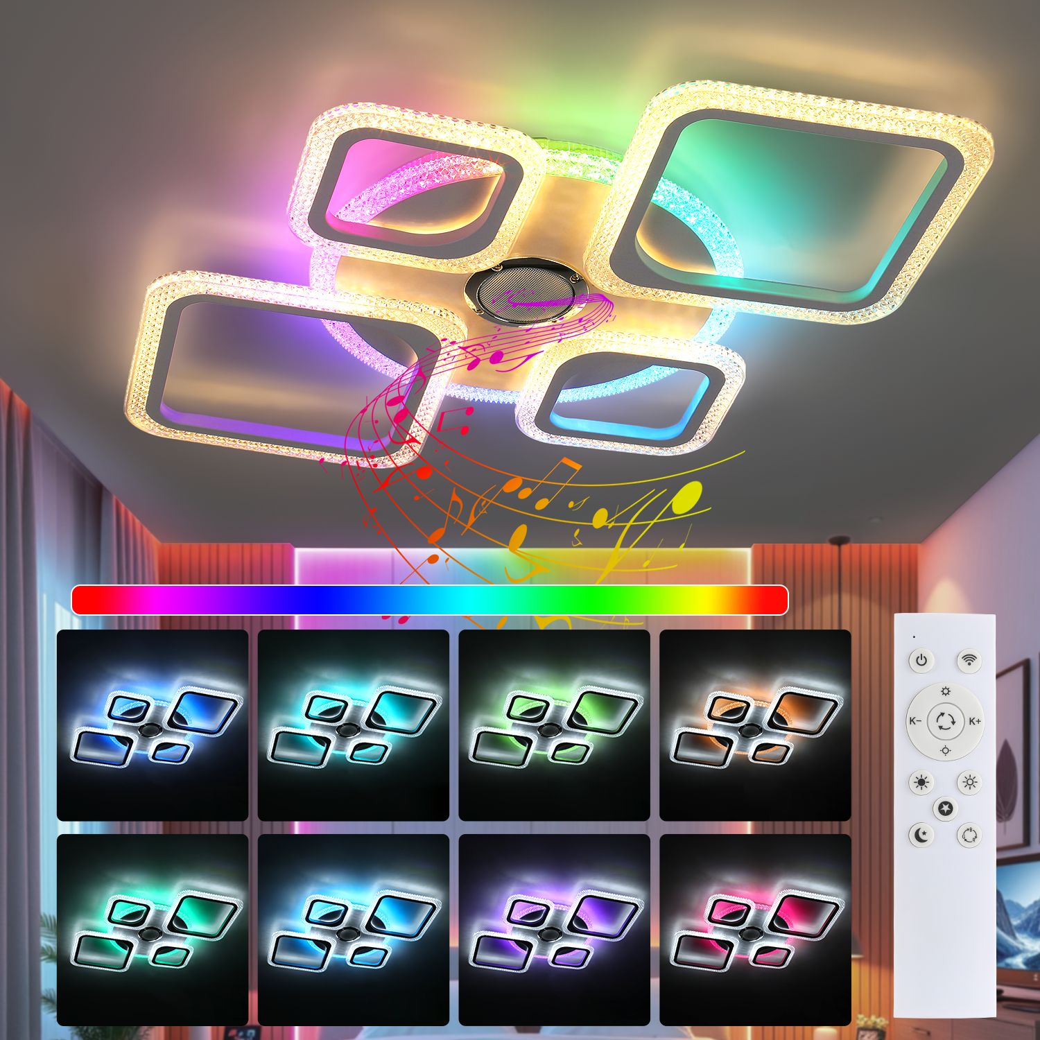 OYAJIA 50W RGB LED Ceiling Light with Remote, Dimmable 4-Ring Modern Design