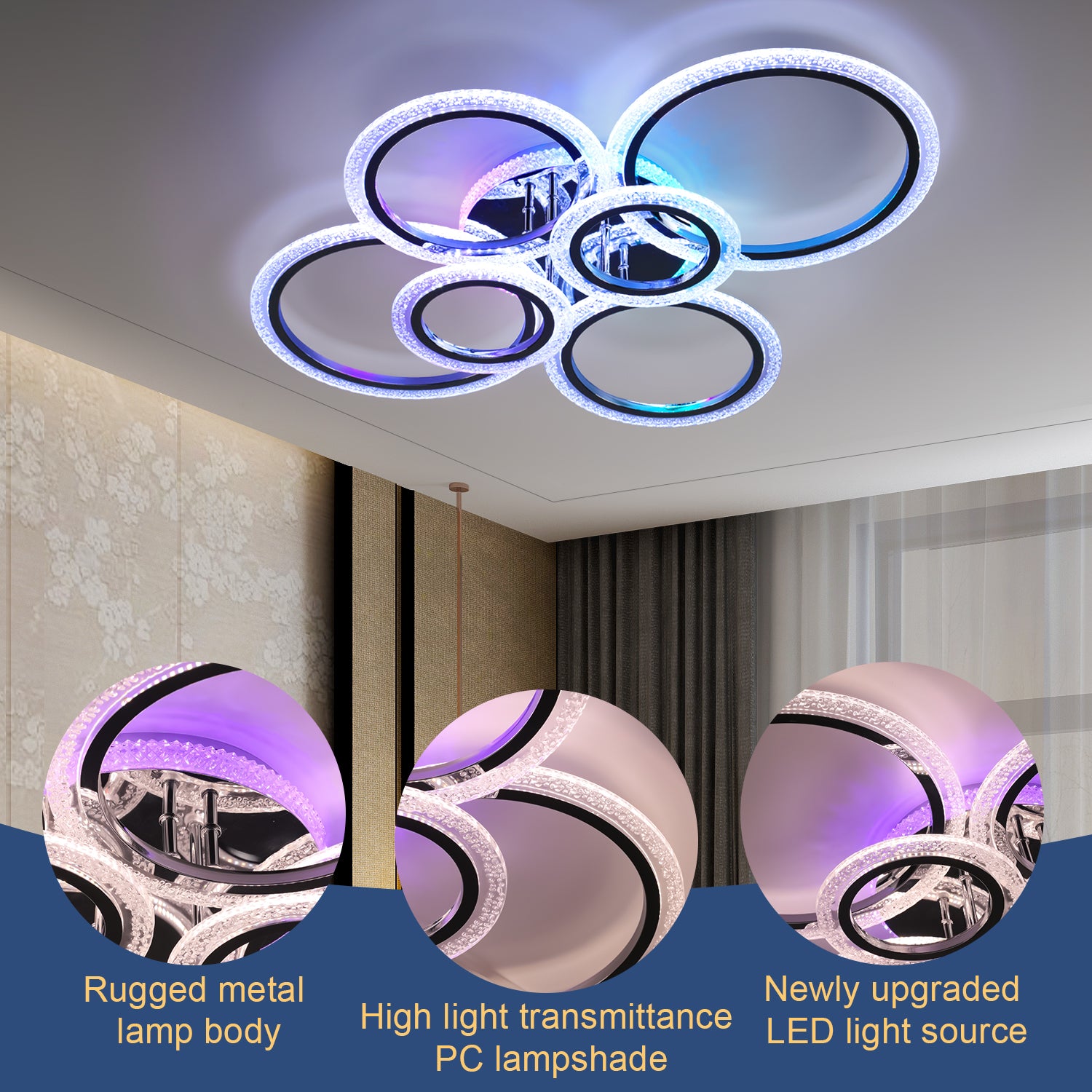OYAJIA 46W RGB LED Ceiling Light with Remote, Six-Ring Crystal Effect Design