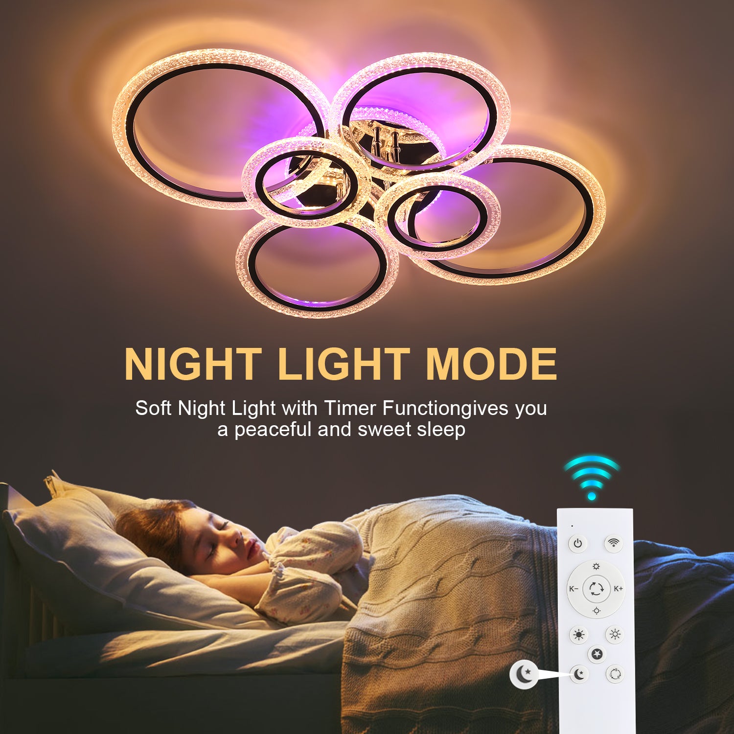 OYAJIA 46W RGB LED Ceiling Light with Remote, Six-Ring Crystal Effect Design