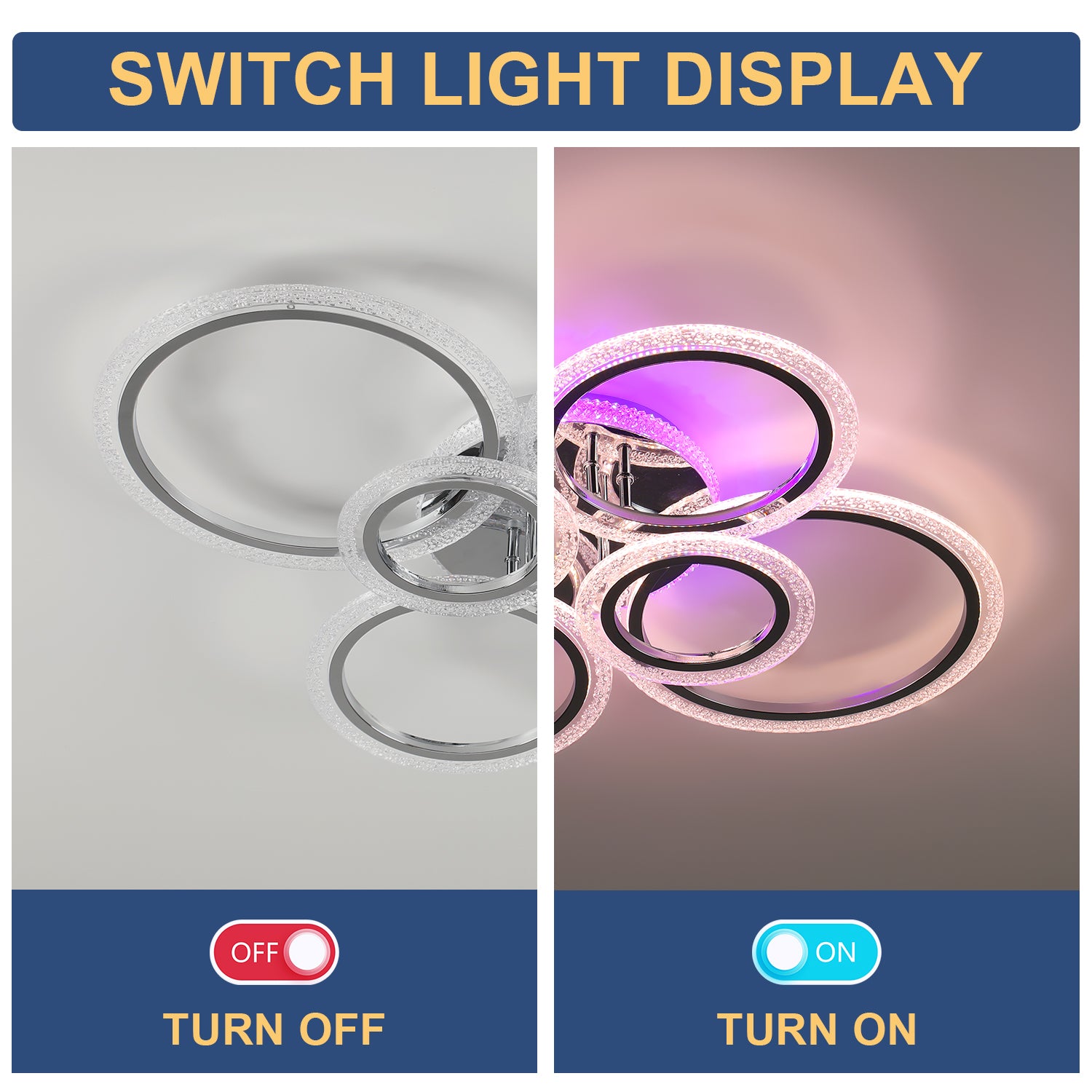 OYAJIA 46W RGB LED Ceiling Light with Remote, Six-Ring Crystal Effect Design