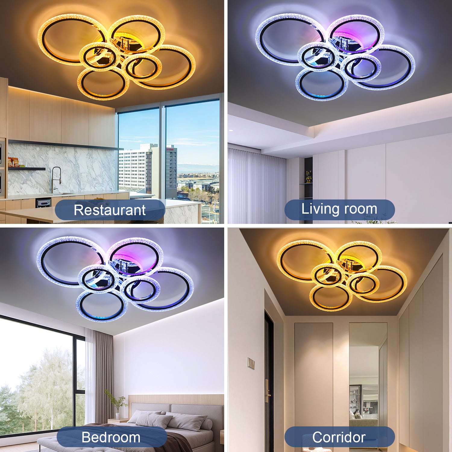 OYAJIA 46W RGB LED Ceiling Light with Remote, Six-Ring Crystal Effect Design