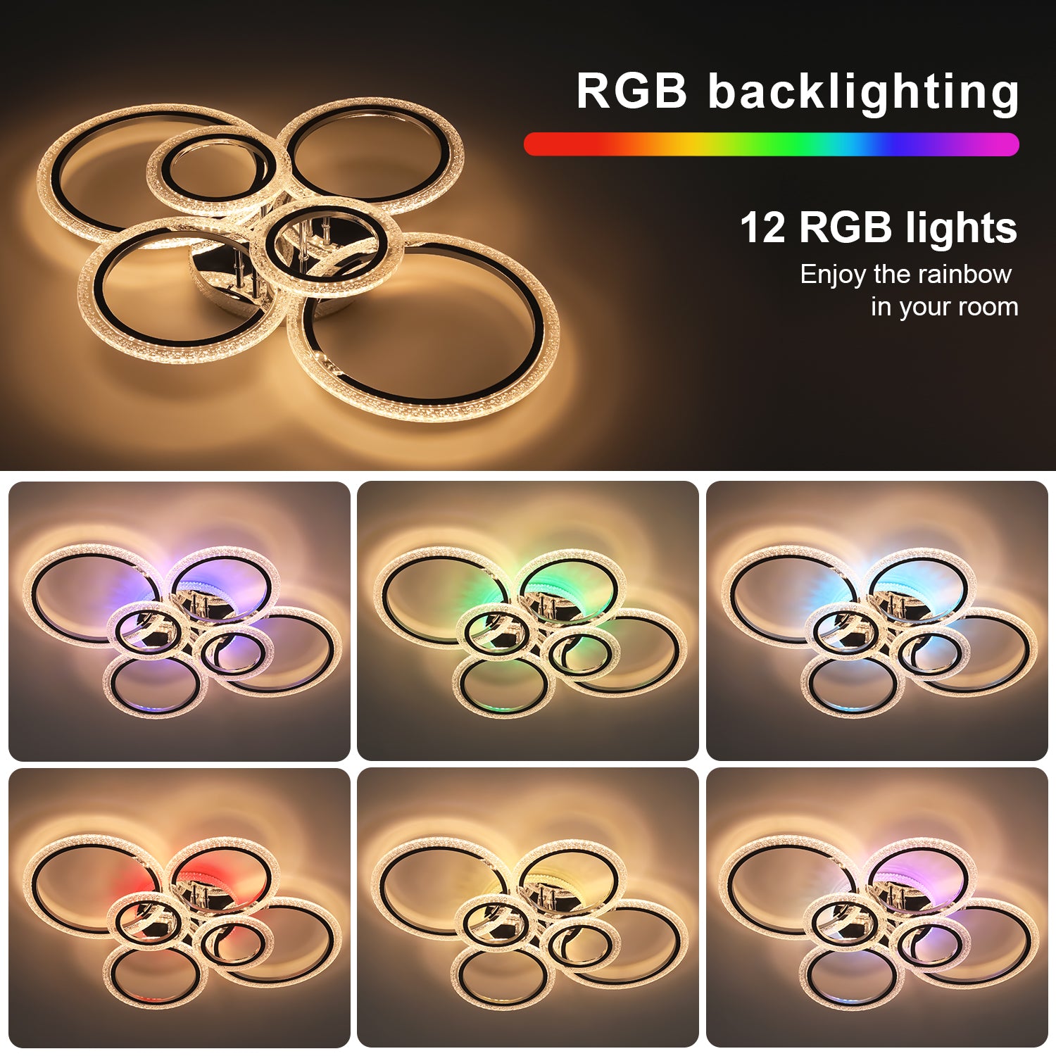 OYAJIA 46W RGB LED Ceiling Light with Remote, Six-Ring Crystal Effect Design