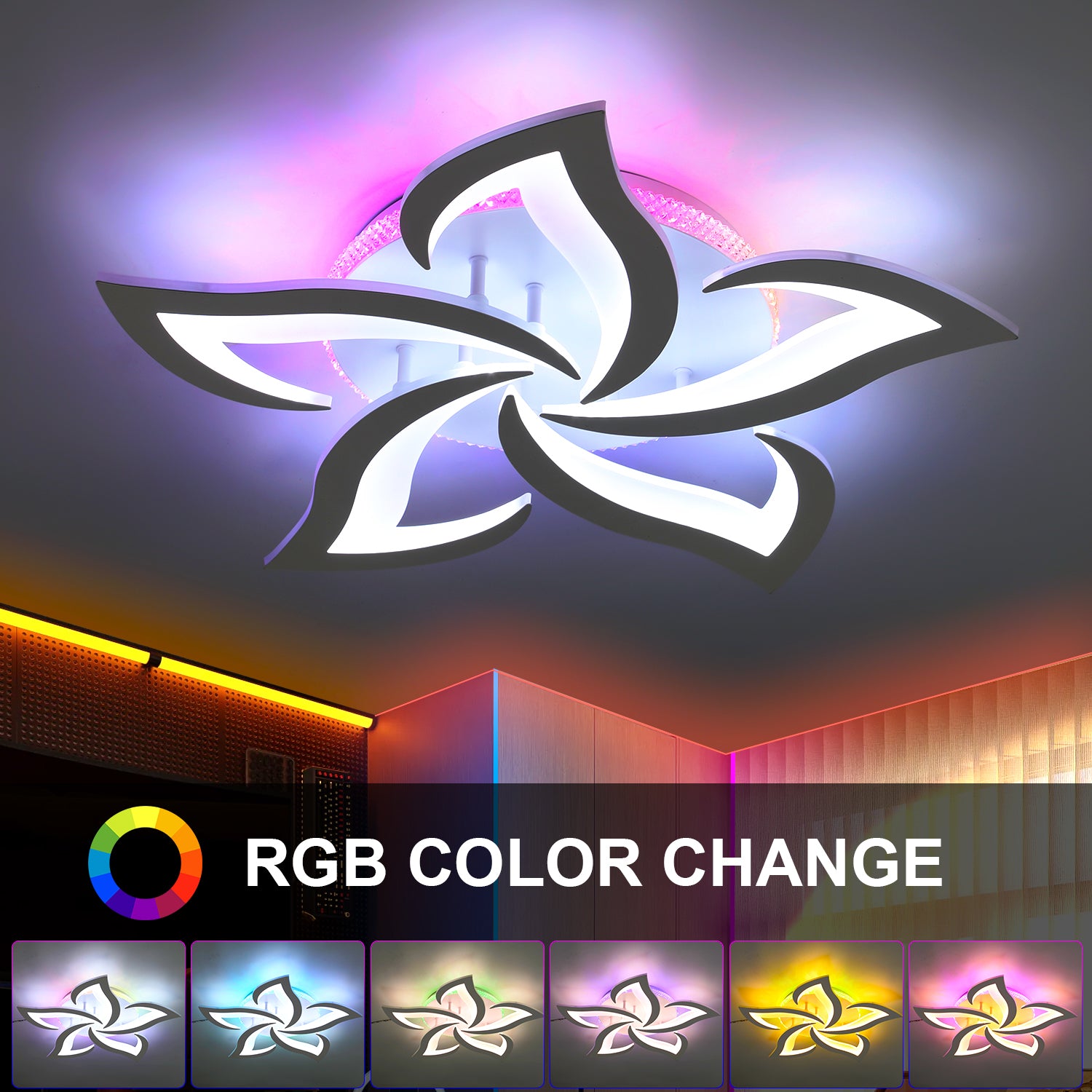 OYAJIA Dimmable RGB LED Ceiling Light with Remote, Modern Flower Design