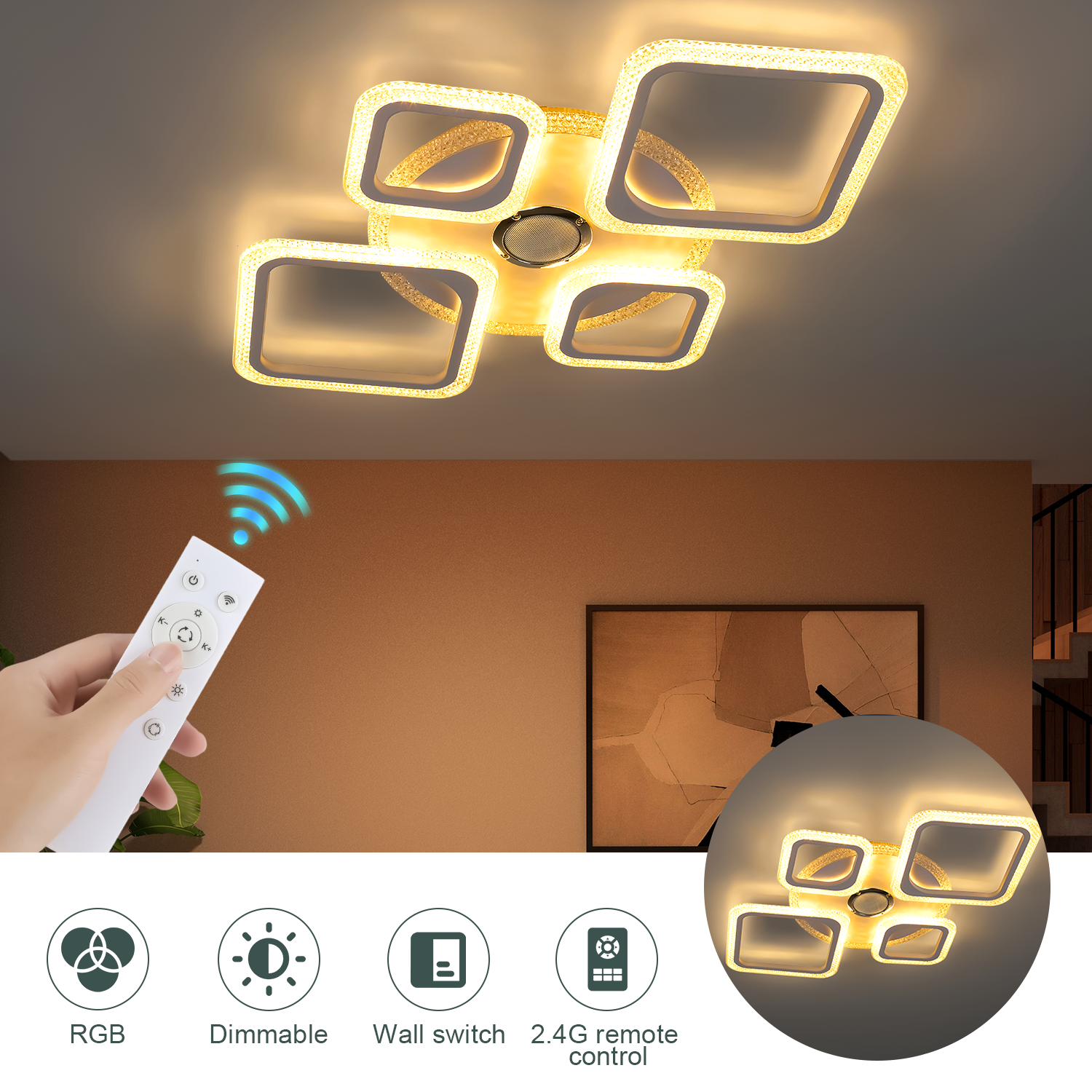OYAJIA 50W RGB LED Ceiling Light with Remote, Dimmable 4-Ring Modern Design