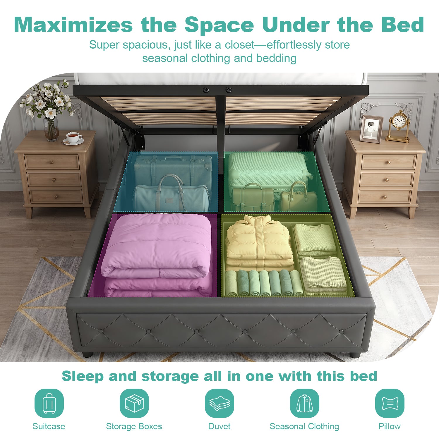 OYAJIA 140 × 200cm Upholstered Storage Bed with Hydraulic Lift and Headboard