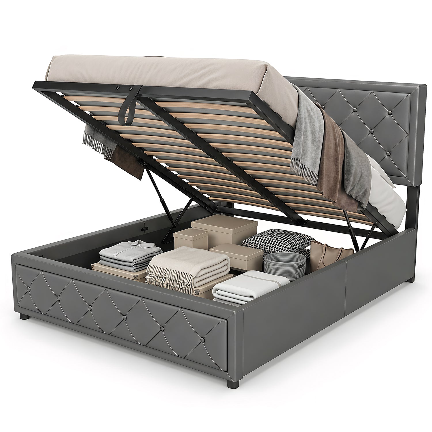 OYAJIA 140 × 200cm Upholstered Storage Bed with Hydraulic Lift and Headboard
