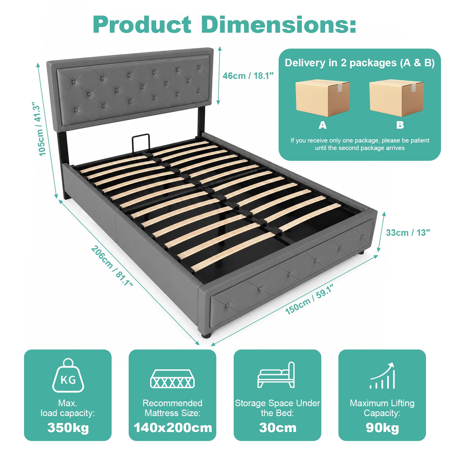 OYAJIA 140 × 200cm Upholstered Storage Bed with Hydraulic Lift and Headboard
