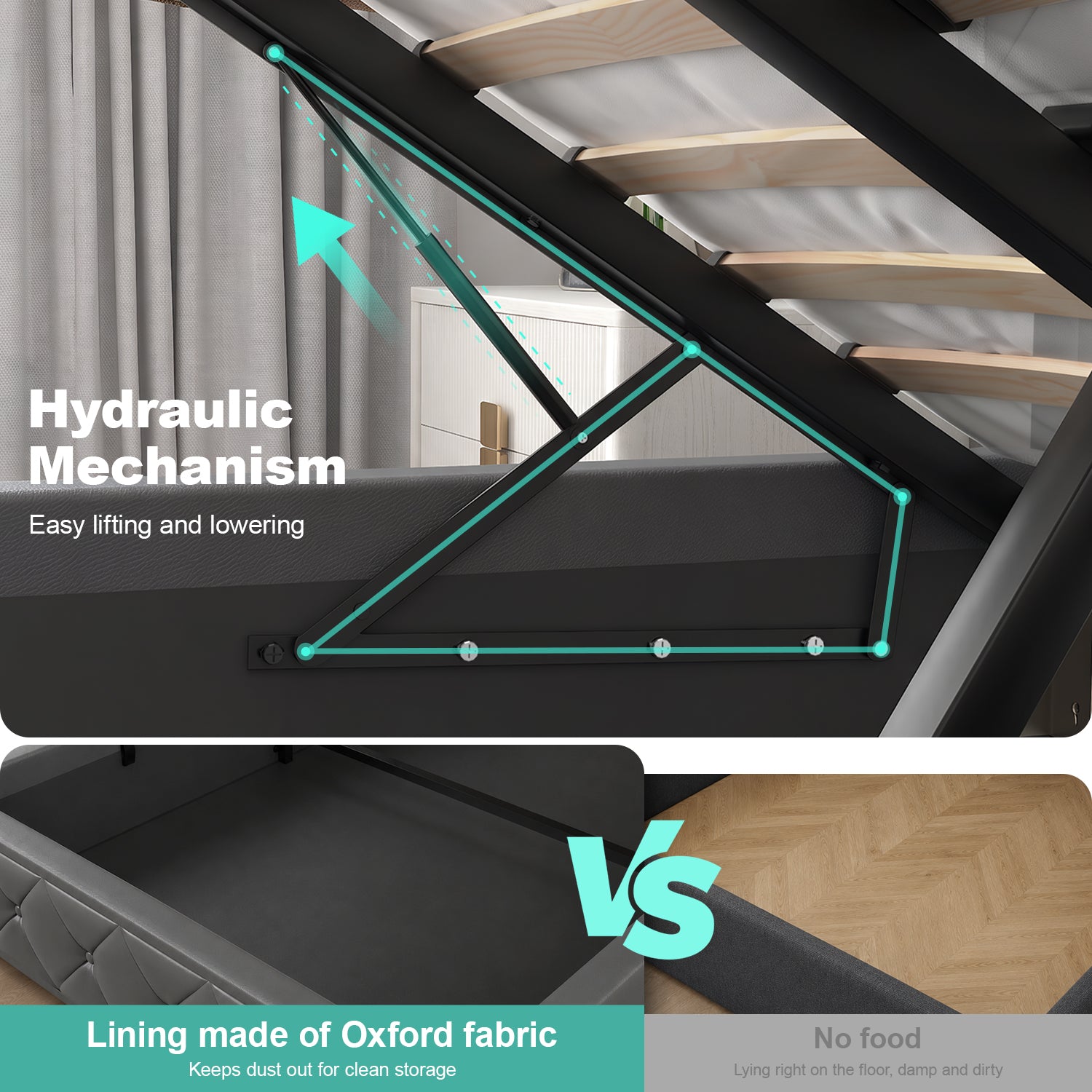 OYAJIA 140 × 200cm Upholstered Storage Bed with Hydraulic Lift and Headboard
